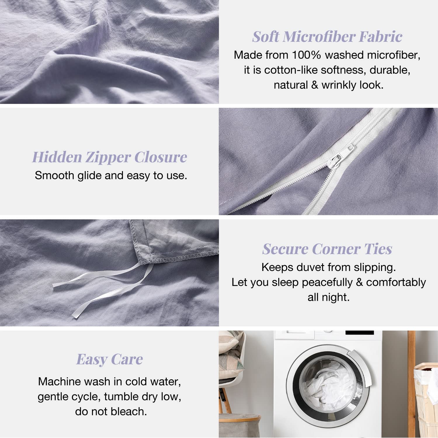 Mildly Super Soft Duvet Cover - 100% Washed Microfiber Grayish Lavender Comforter Cover Set 3 Pieces With Zipper Closure & Corne
