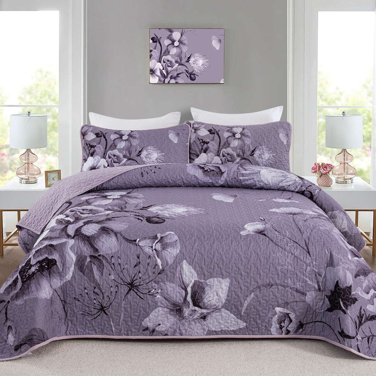 Drucon Floral Quilt Set King Size Bedding Set 3 Pieces Dark Purple Boho Floral Quilt Bedspread Soft Microfiber Lightweight Flowe