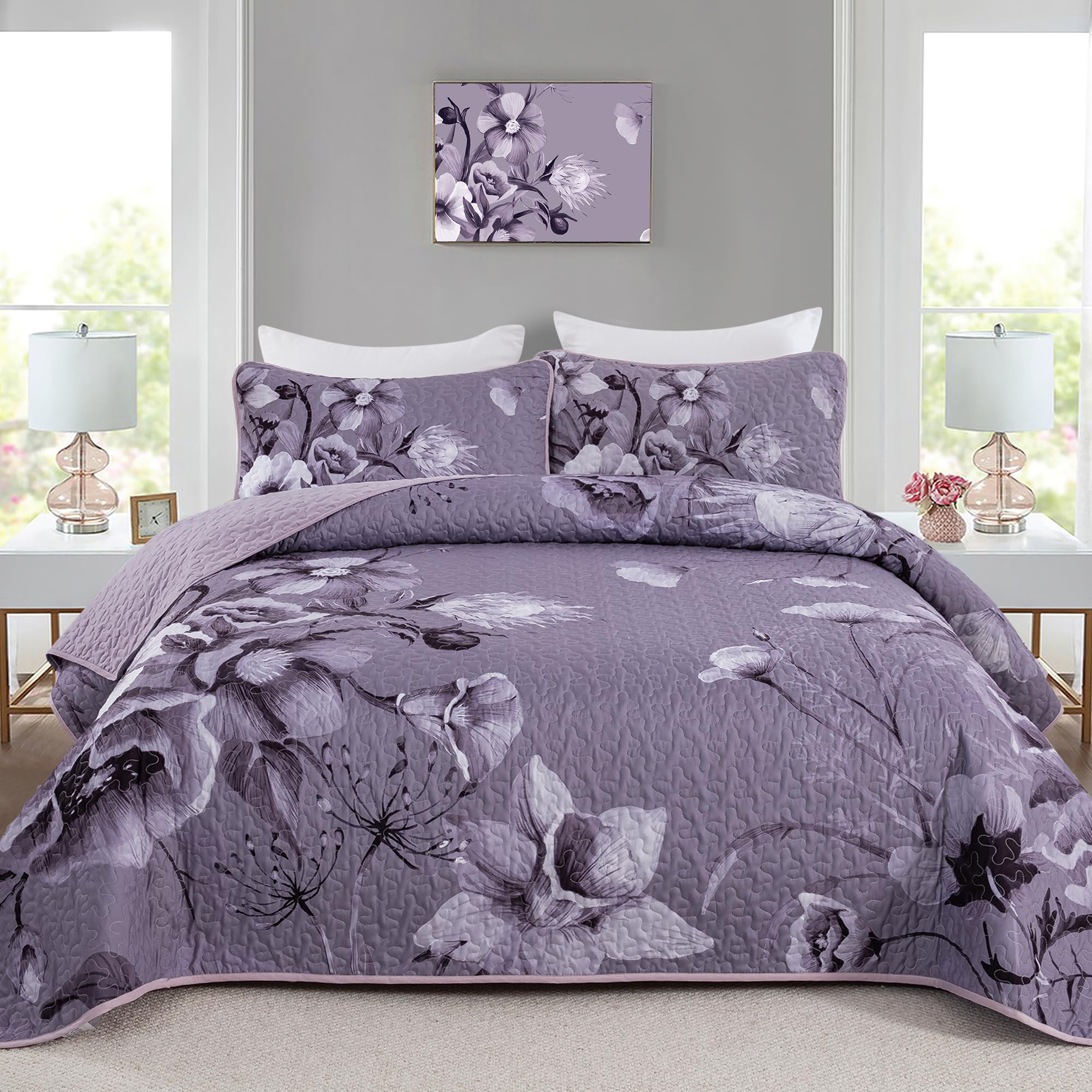 Drucon Floral Quilt Set Queen 3 Pieces Dark Purple Boho Flower Quilt Coverlet Set Soft Microfiber Lightweight Floral Quilted Bed
