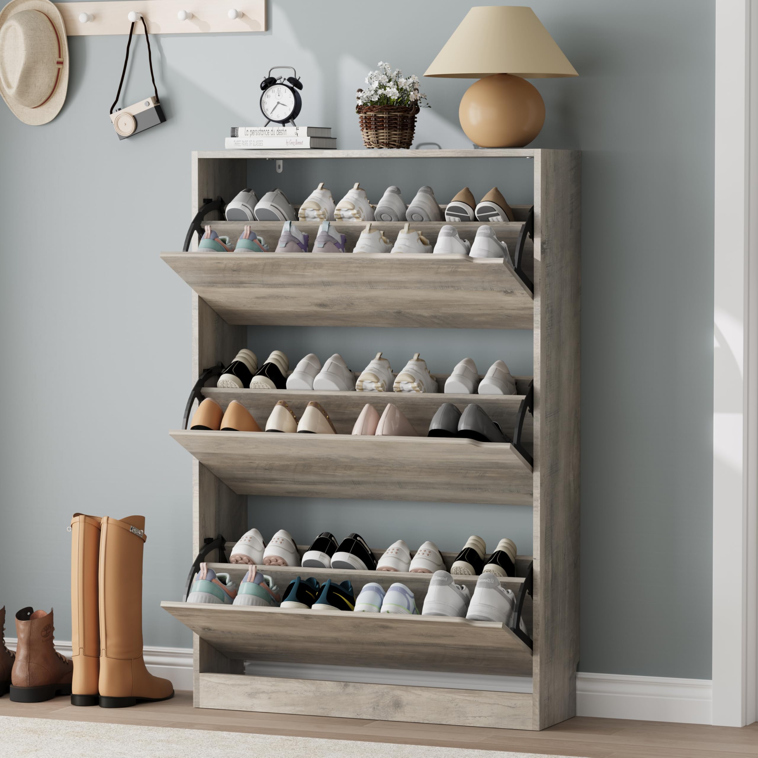 Shoe Storage Cabinet, Wood Shoe Organizer for Entryway with 3 Flip Drawers, Freestanding Shoe Rack with Adjustable Shelf, Narrow