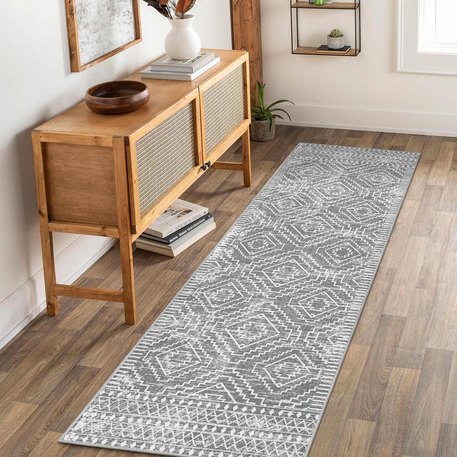 Wonnitar Moroccan 26x8 Washable Kitchen Runner Rug with Rubber Backing, Non-Slip Grey Rug Runner for Hallway, Thin Farmhouse G
