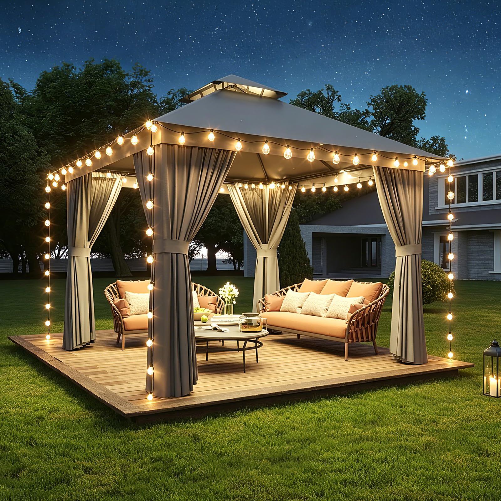 Aoxun 10x10 Outdoor Gazebo with 50FT LED Lights, Metal Frame Canopy Gazebo Double Roof Heavy Duty Patio Gazebo, Backyard Gazebo 