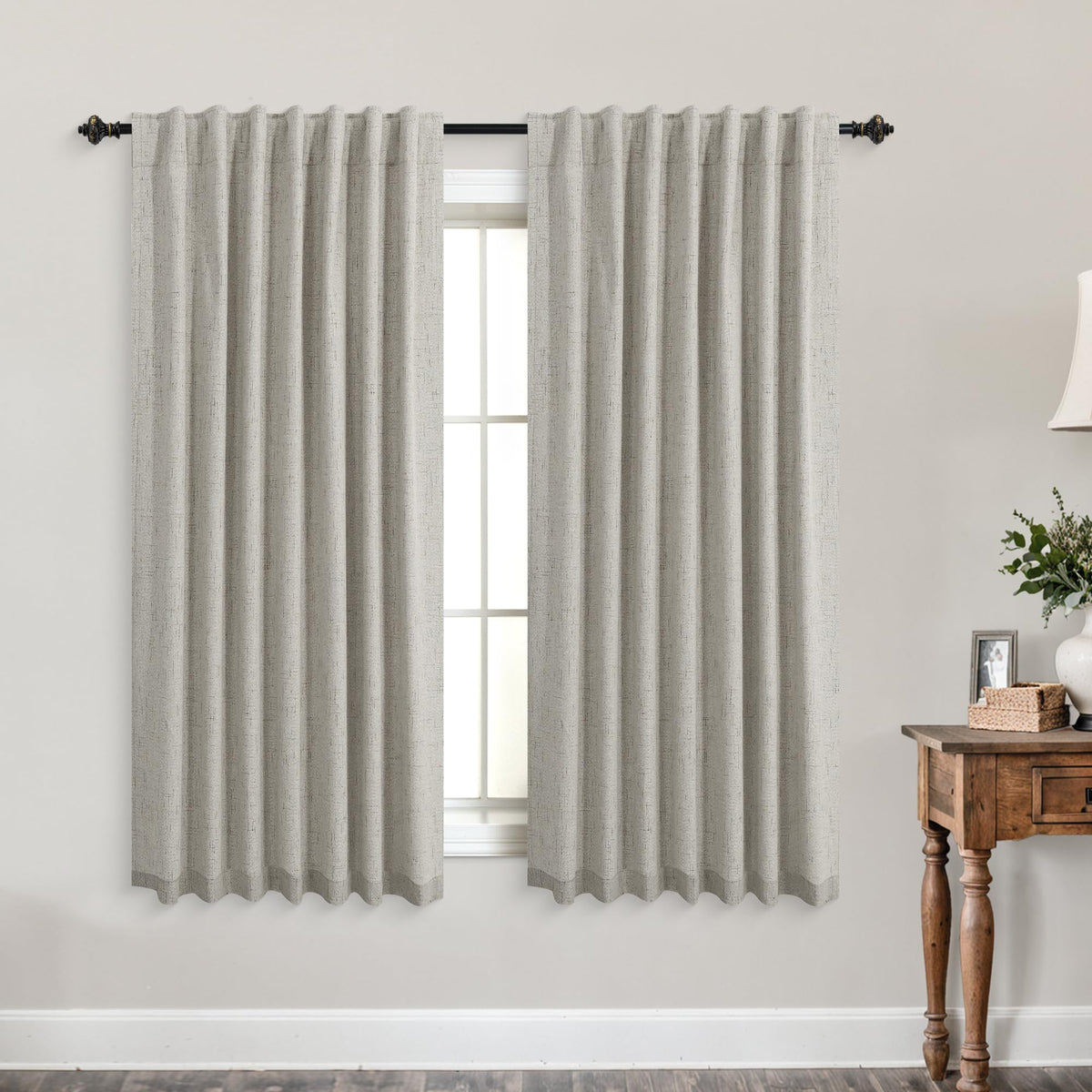 Koufall 52X45 Inches Long Taupe Back Tab Linen Blackout Curtains For Living Room