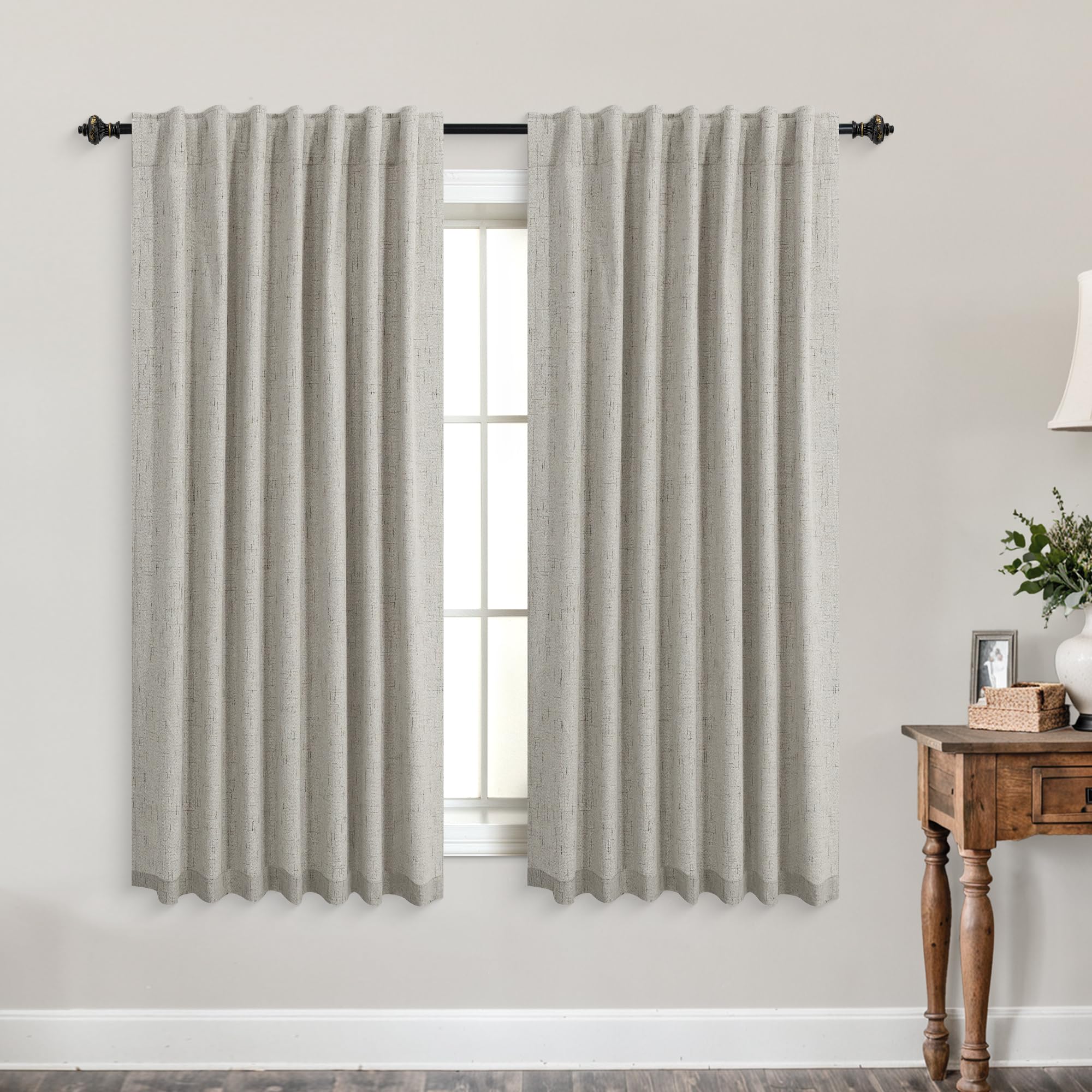 Koufall 52X45 Inches Long Taupe Back Tab Linen Blackout Curtains For Living Room