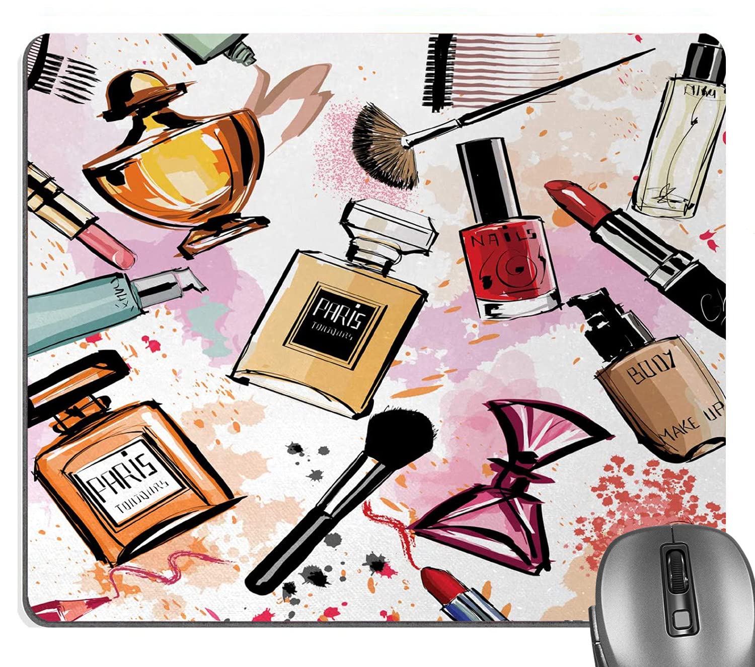 Knseva Fashion Mouse Pad, Cosmetic And Makeup Theme Pattern With Perfume Lipstick Nail Polish Brush Modern Gaming Mouse Pads For