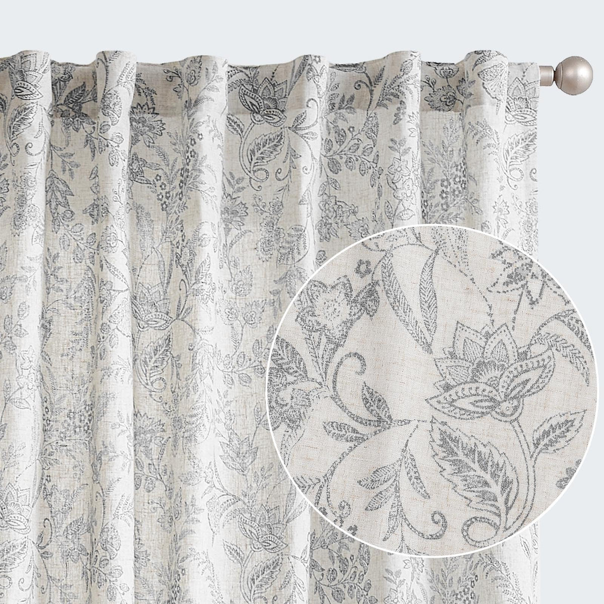 Lazzzy Linen Curtains Farmhouse Grey Floral Print Curtains 96 Inches Long Back Tab Drapes For Living Room Bedroom Semi Sheer Cou