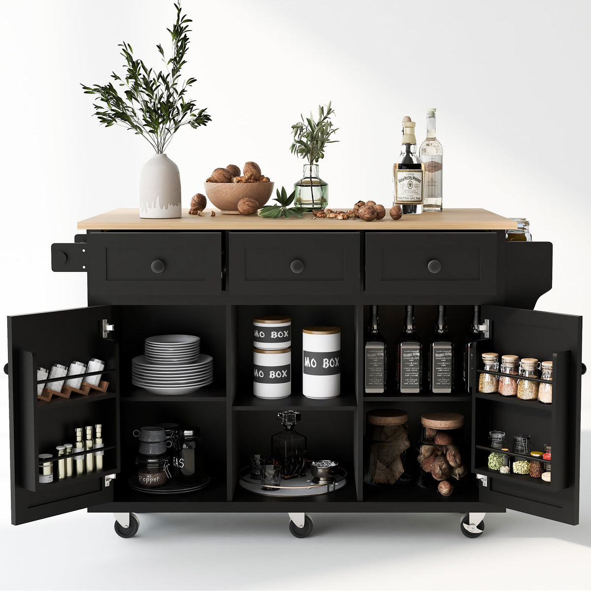 Lumisol Kitchen Island Cart With Wood Drop Leaf, Storage Cabinets And 3 Drawers, Rolling Kitchen Island On 5 Wheels With Open St