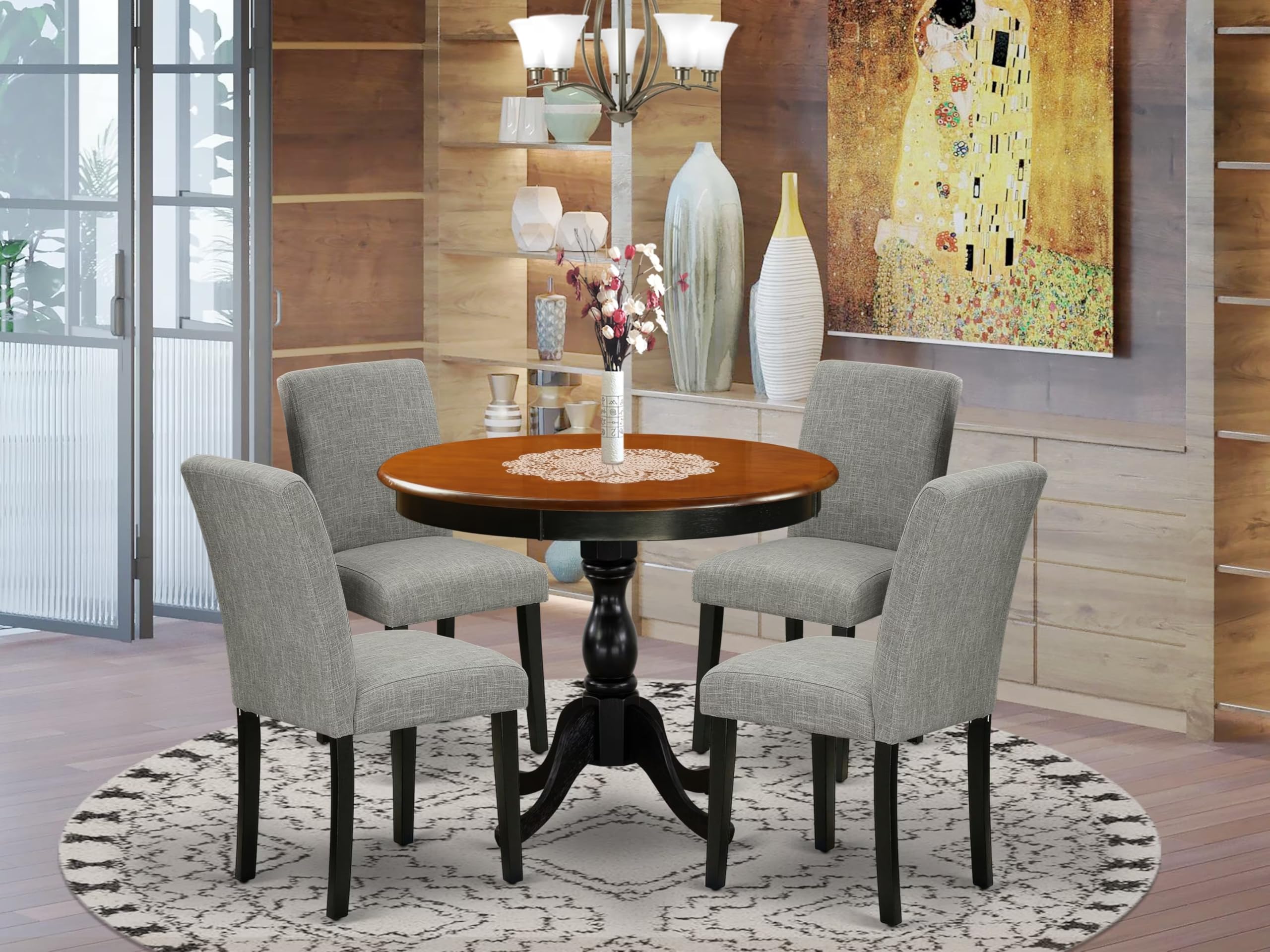 East West Furniture Amab5-Bch-06 5 Piece Dining Set Includes A Round Kitchen Table With Pedestal And 4 Shitake Linen Fabric Parson Dining Chairs, 36X36 Inch, Black & Cherry