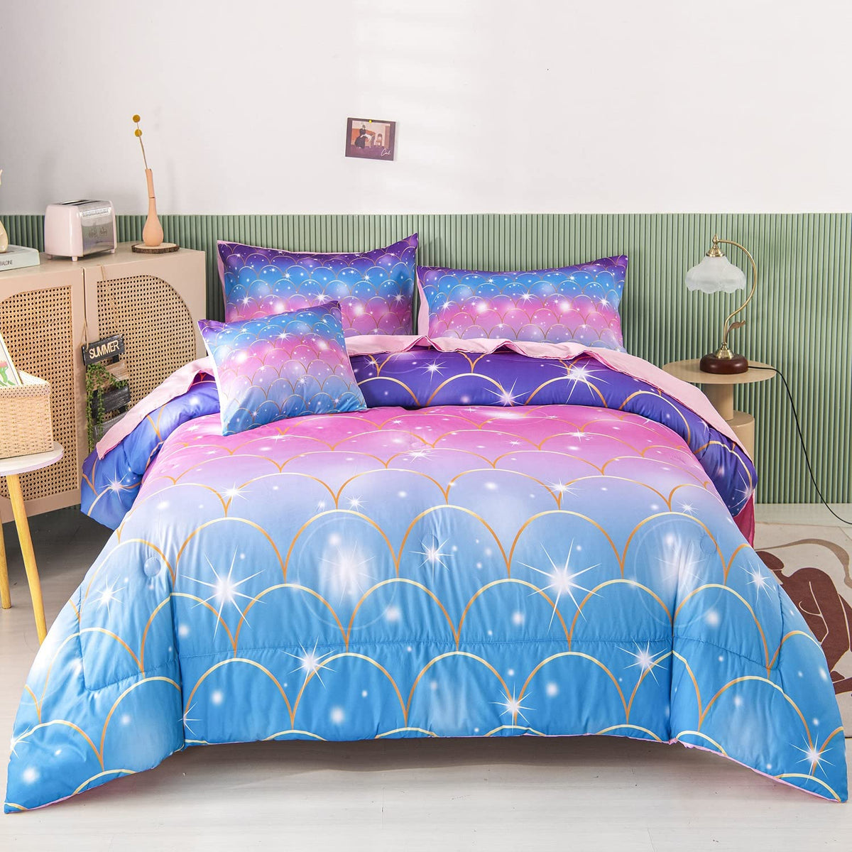 Rynghipy 6Pcs Teal Pink Sparkle Mermaid Comforter Sets Twin Size, 3D Rainbow Glitter Girls Bedding Sets, Ombre Pastel Fish Scale