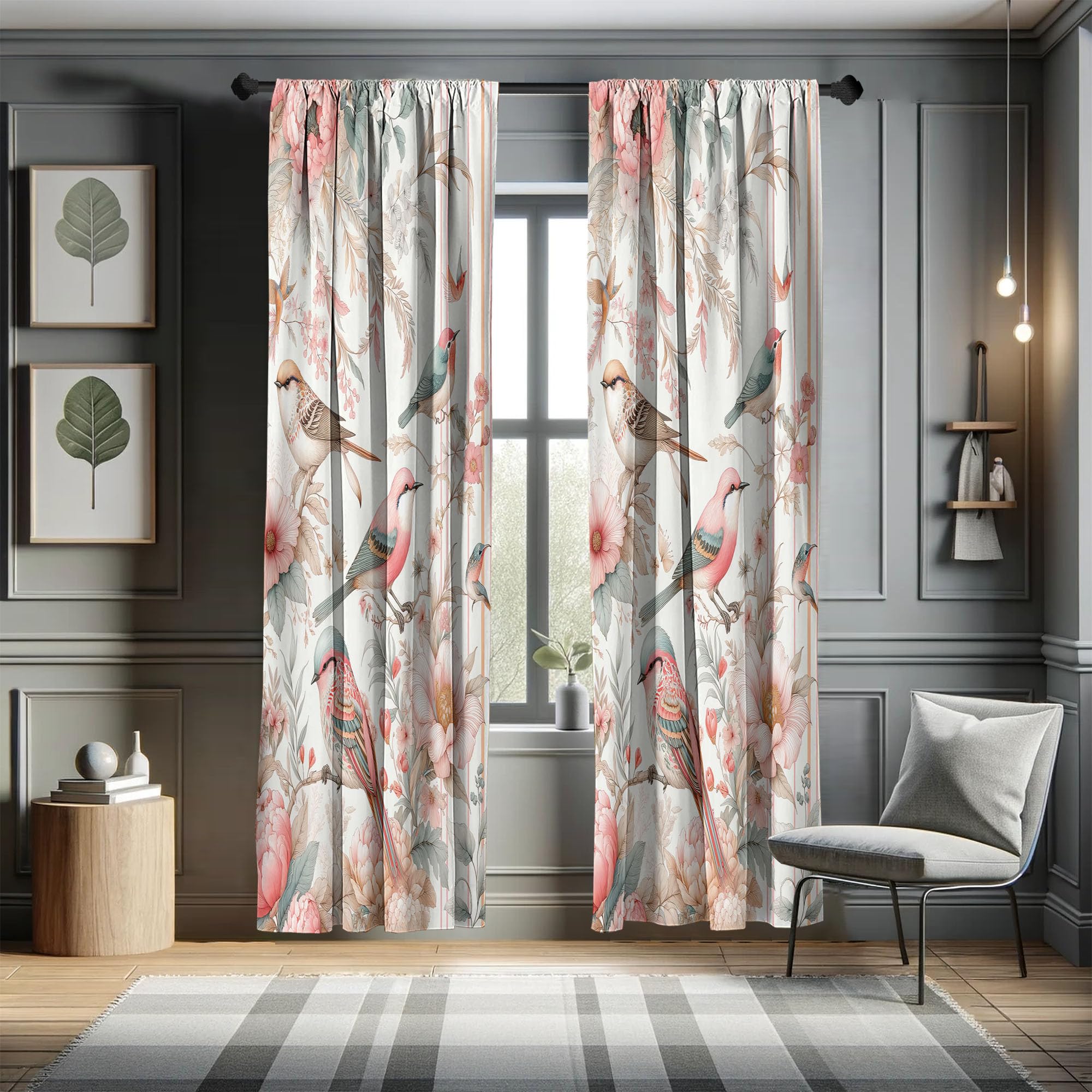 Ambesonne Birds And Nature Window Curtains Pack Of 2, Spring Garden Scenery With Flying Sparrows And Leafy Flowers, Lightweight