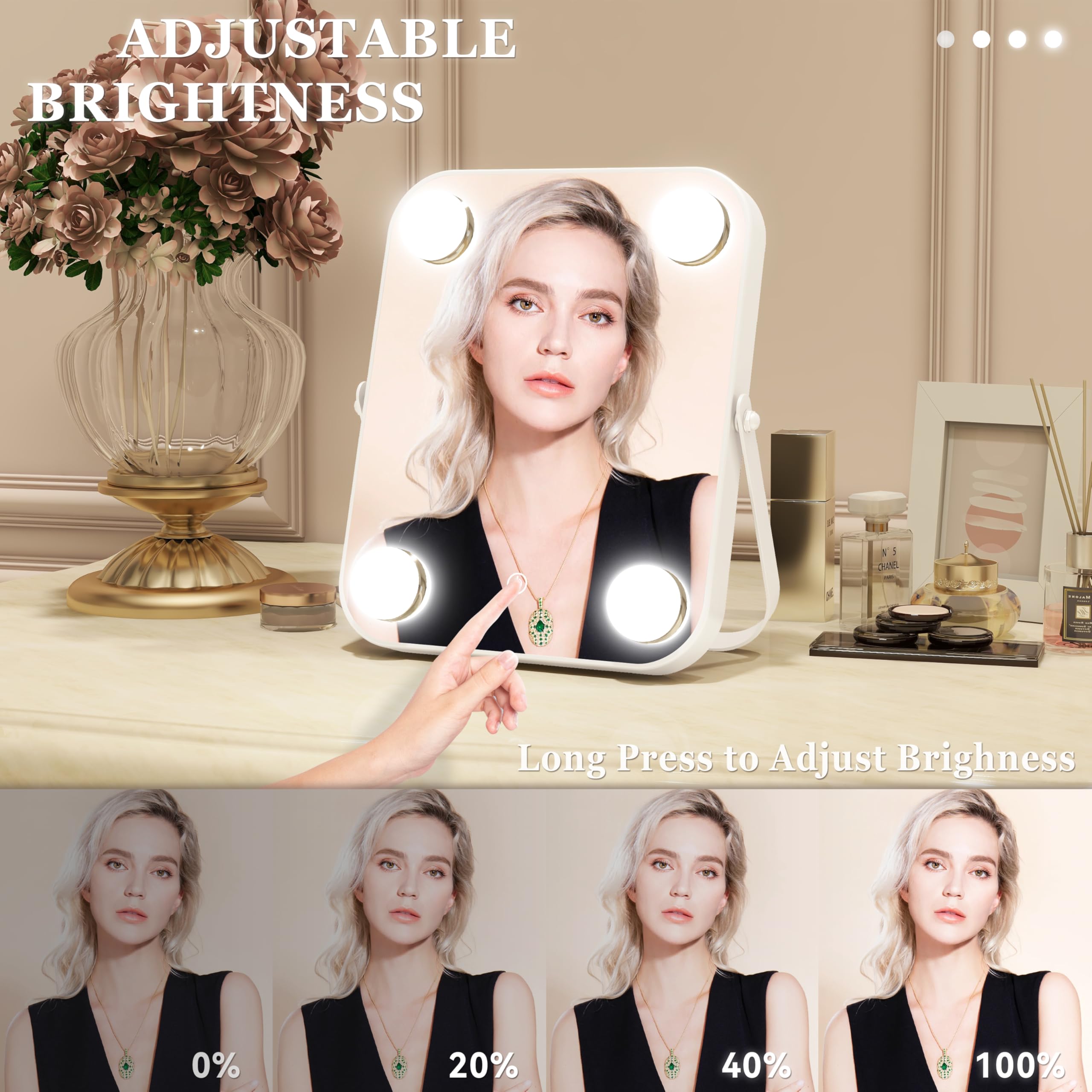 Rolove 8'X10' Lighted Vanity Mirror, Makeup Mirror With Light, Dimmable Touch Screen, Portable Travel Mirror With U-Shaped Bra