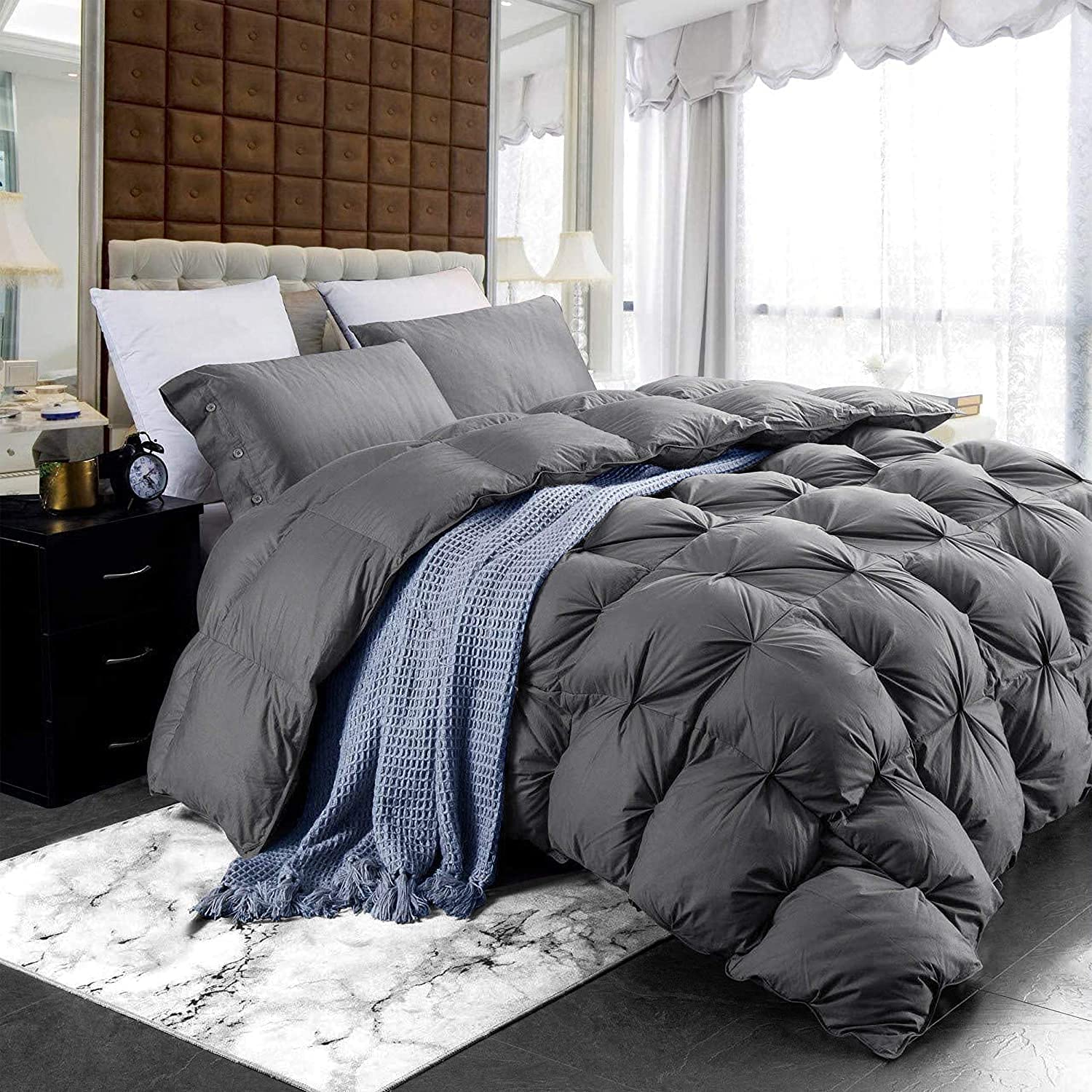 Luxurious Heavyweight Goose Down Feather Fiber Comforter Duvet Insert, Exquisite Gray Pinch Pleat Design, Oversize Palatial King