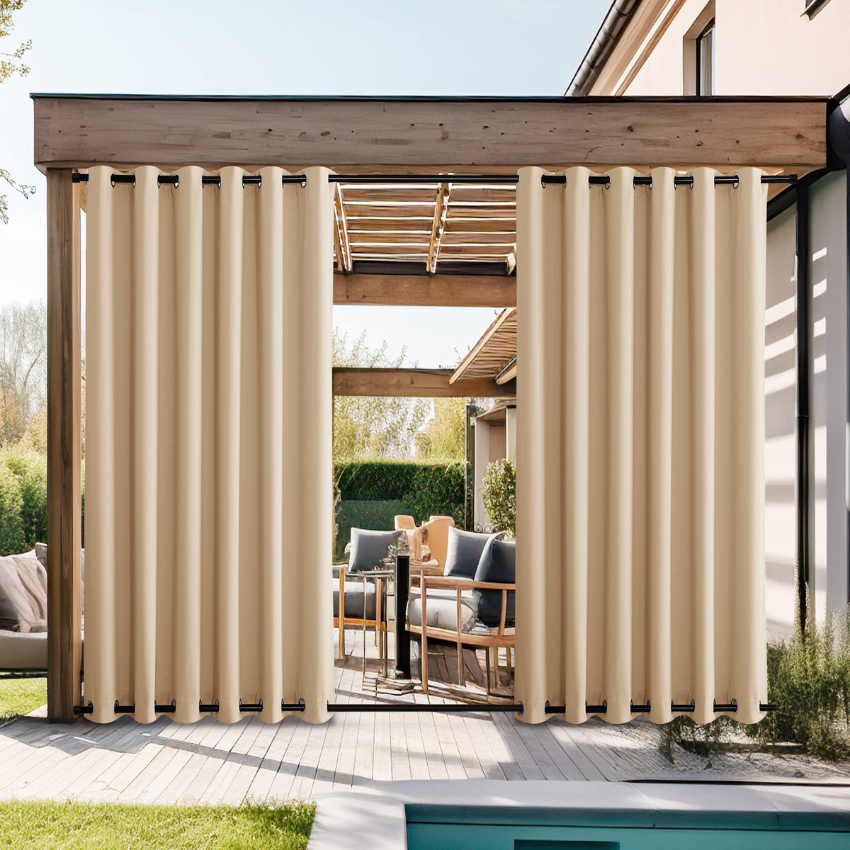Nicetown 2 Panels Waterproof Patio Outdoor Curtains & Drapes, Windproof Thermal Insulated Top And Bottom Grommet Keep Sun & Rain