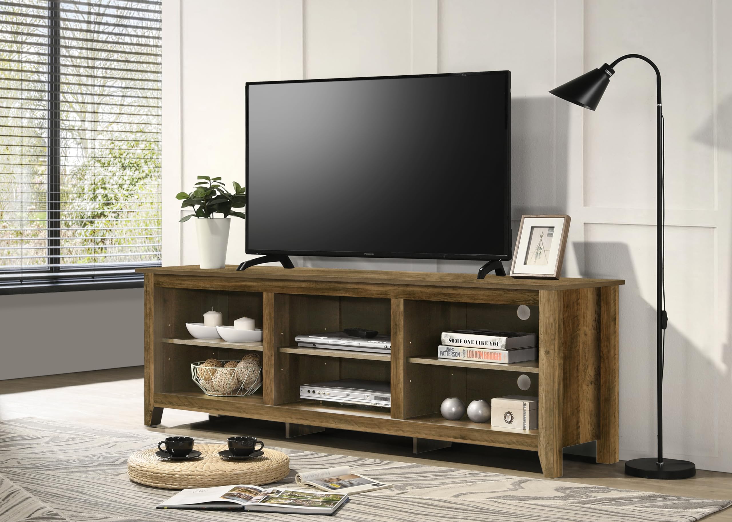 Lilola Home Benito Knotty Oak 70' W TV Stand with Open Shelves and Cable Management