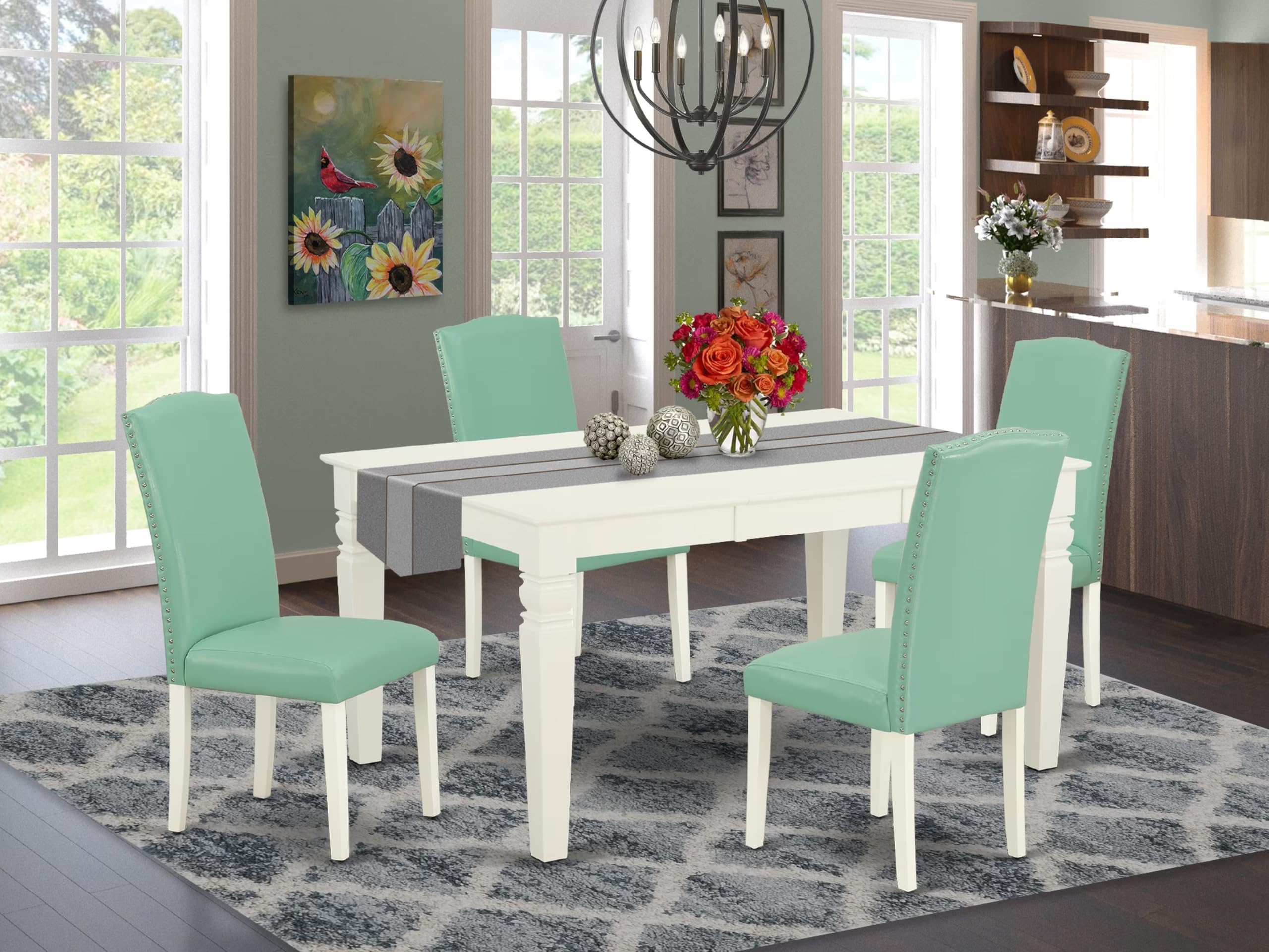East West Furniture Ween5-Lwh-57 5 Piece Dining Table Set Includes A Rectangle Kitchen Table With Butterfly Leaf And 4 Pond Faux Leather Upholstered Chairs, 42X60 Inch, Linen White
