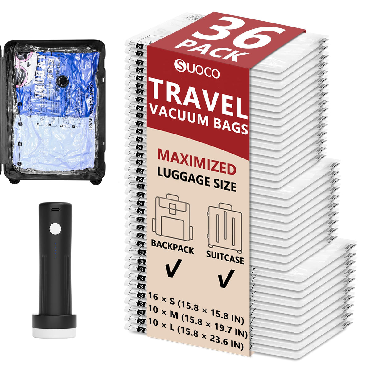 Travel Vacuum Bags for Clothing with Cordless Pump 36 Combo, Clear