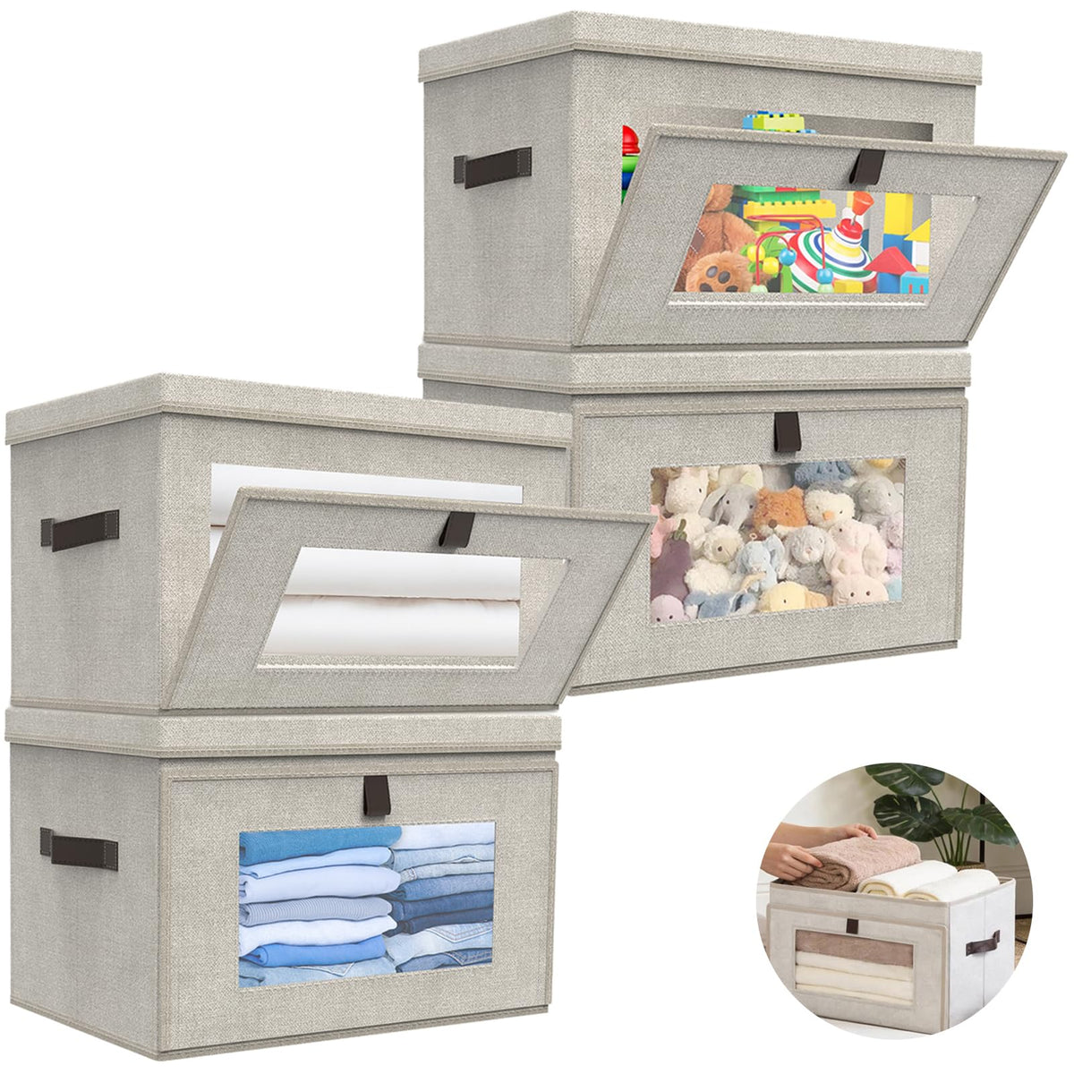 Magnetic Front Opening Fabric Storage Bins with Lids,16.5x11.8x11 in,4Pack