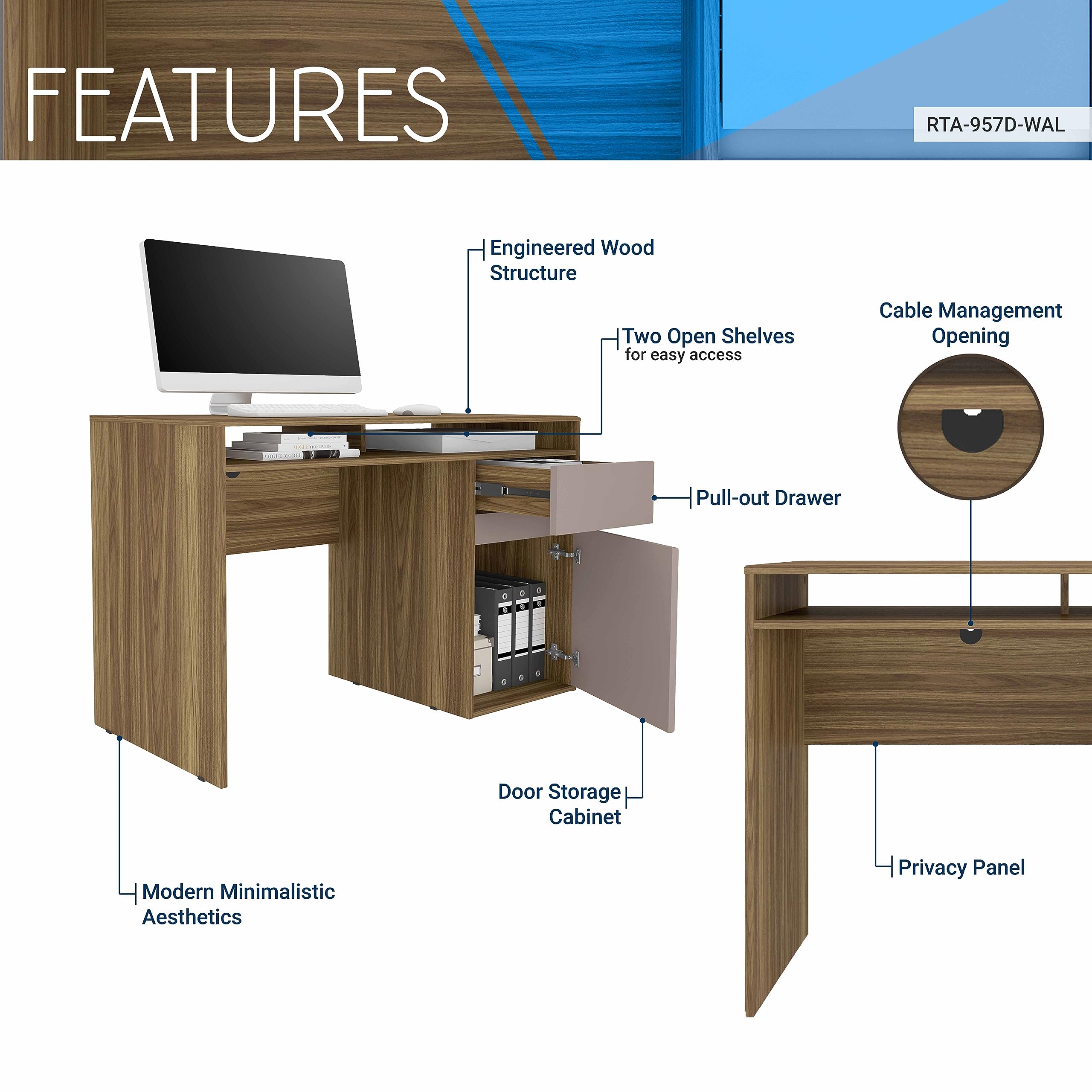 Techni Mobili Home Office Workstation with Storage Computer Desk, Walnut