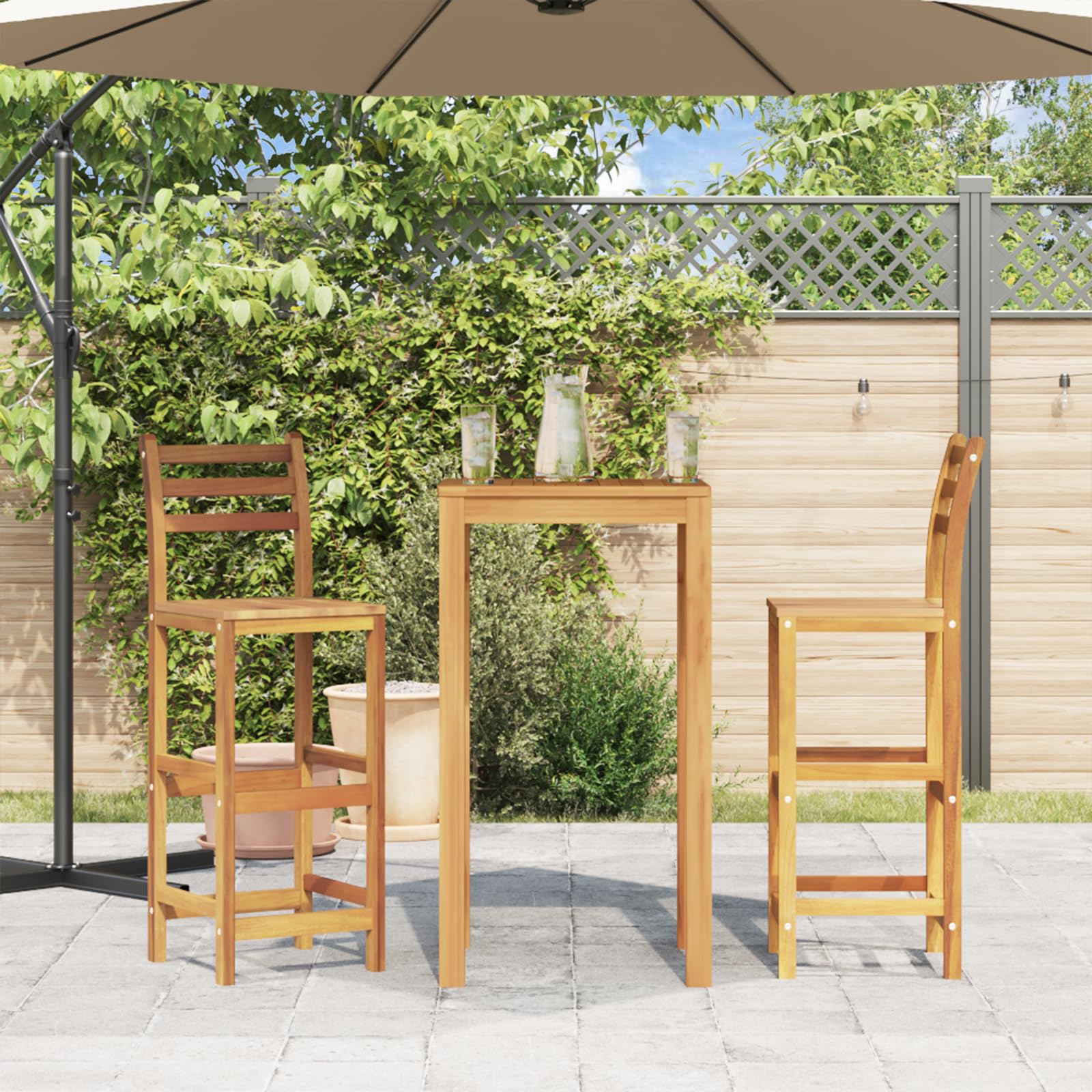 vidaXL Wooden Bar Stools with Backrest & Footrest Set of 2, Indoor/Outdoor Chairs for Dining Garden Patio, Solid Acacia Wood 14.2" x 16.5" x 43.3"H Brown