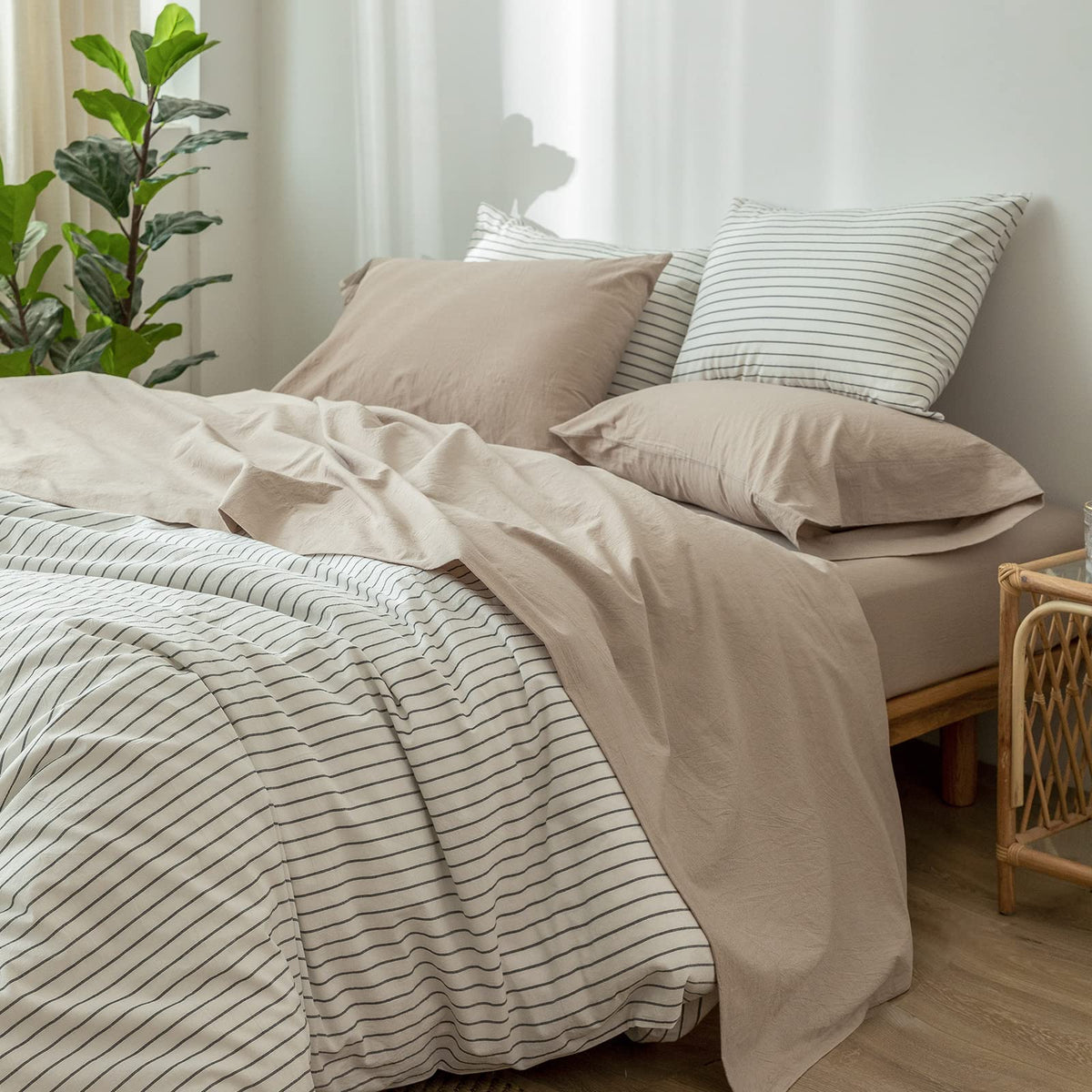 Moomee Bedding Sheet Set 100% Washed Cotton Linen Like Textured Breathable Durable Soft Comfy (Taupe, King)
