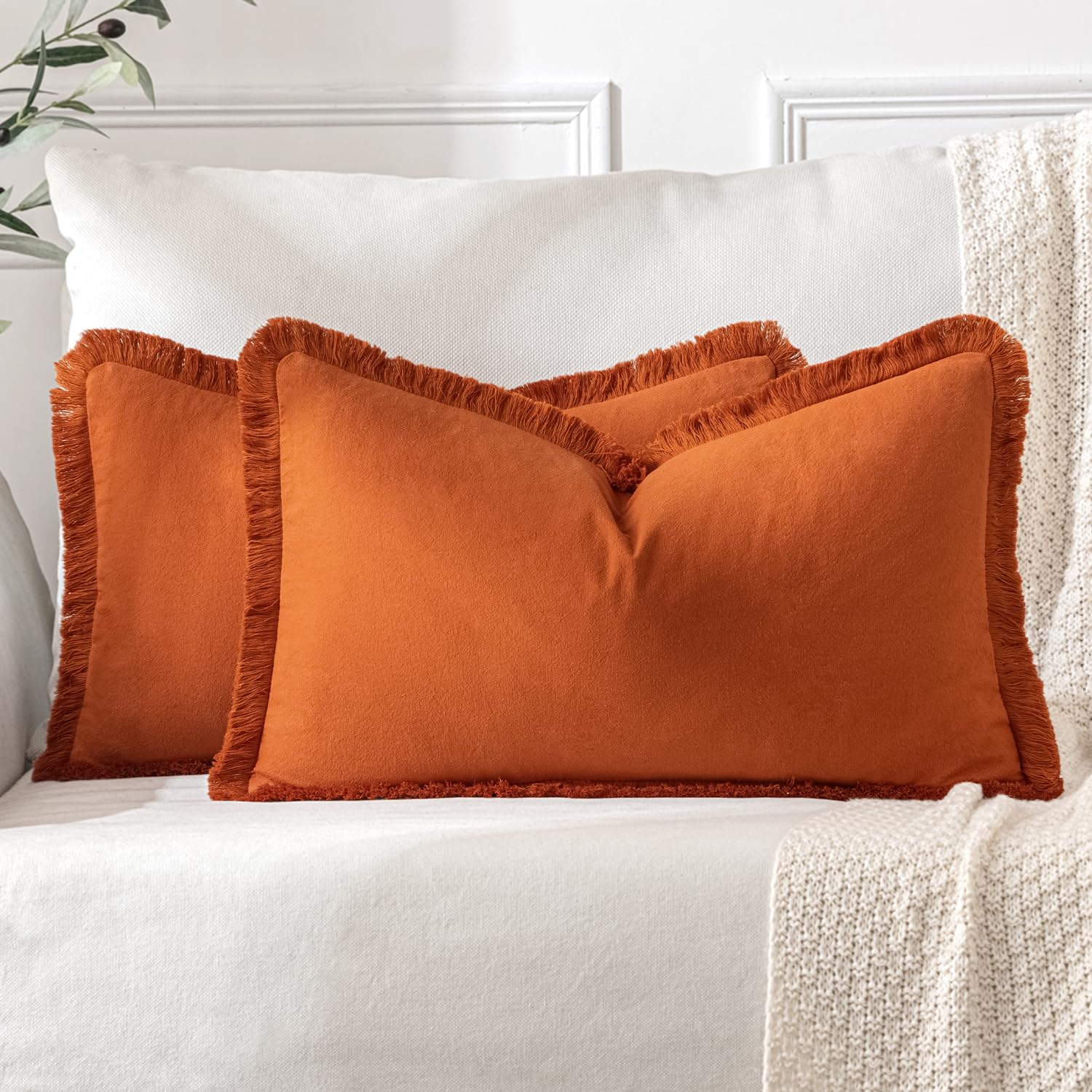 Miulee Pillow Covers Boho Farmhouse 12X20 Set Of 2 Decorative Orange Couch Pillow Covers With Fringe Chic Cotton Throw Pillows Home Decor Accents For Cushion Sof Bed Living Room