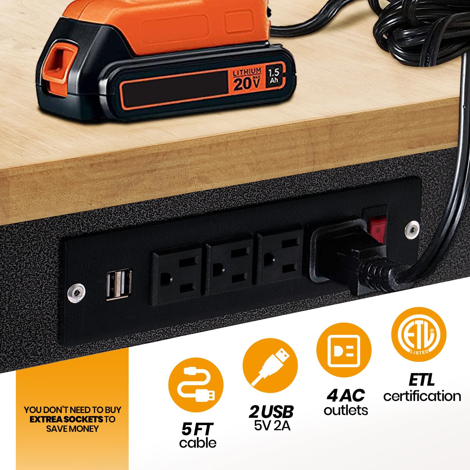 60' Adjustable Work Bench, Rubber Wood Top Workbench Heavy-Duty Work Table With Power Outlet With Wheels, 2000 Lbs Load Capacity Hardwood Work Benches For Garage, Workshop, Home, Office, Easy Assembly