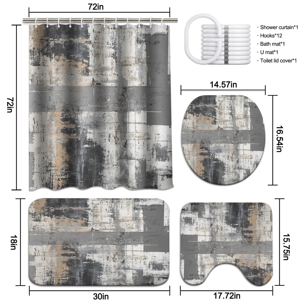 Lnond 4Pcs Bathroom Shower Curtain Sets With Rugs,Black And Grey Painting Art Bathroom Sets With Shower Curtain And Rugs And Acc