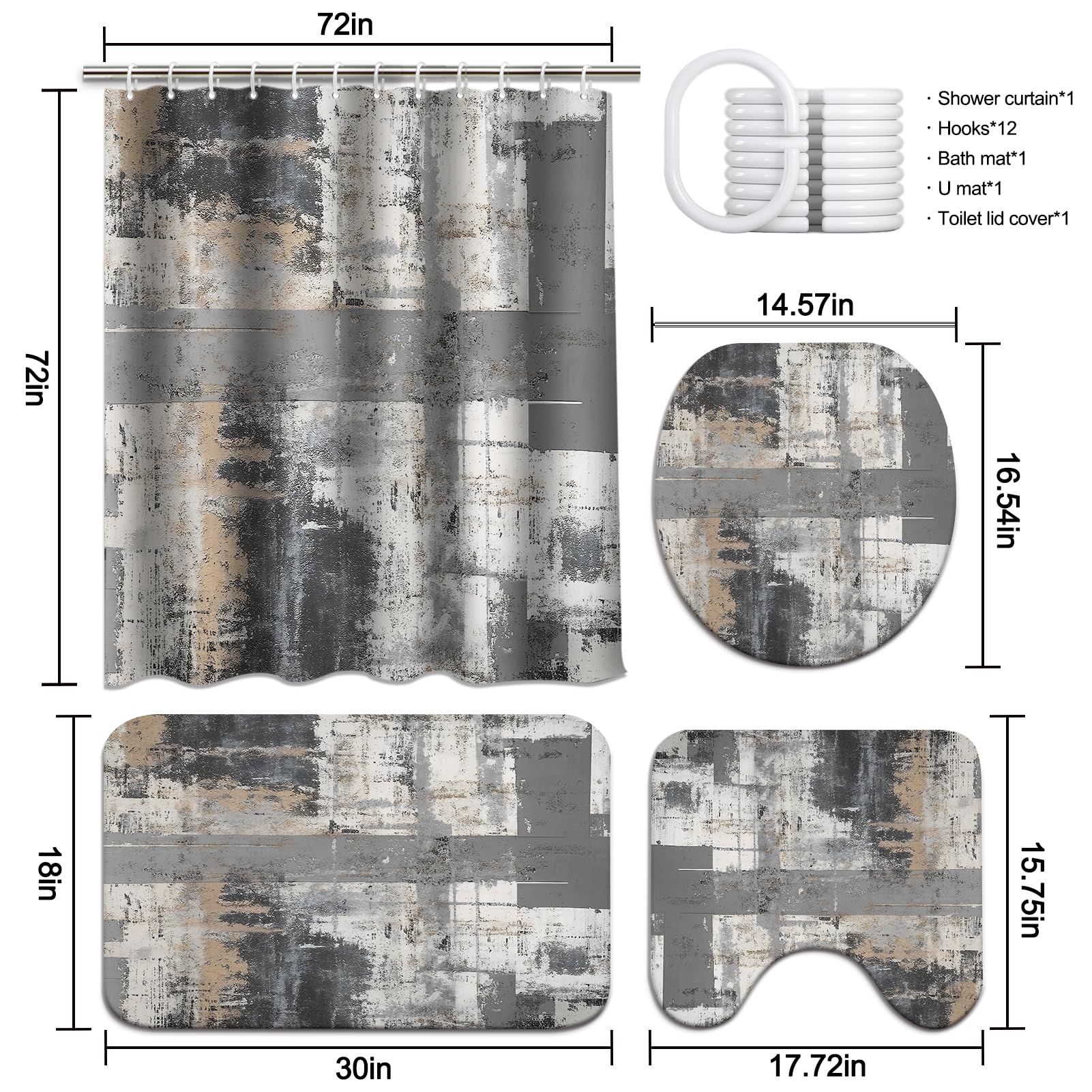 Lnond 4Pcs Bathroom Shower Curtain Sets With Rugs,Black And Grey Painting Art Bathroom Sets With Shower Curtain And Rugs And Acc