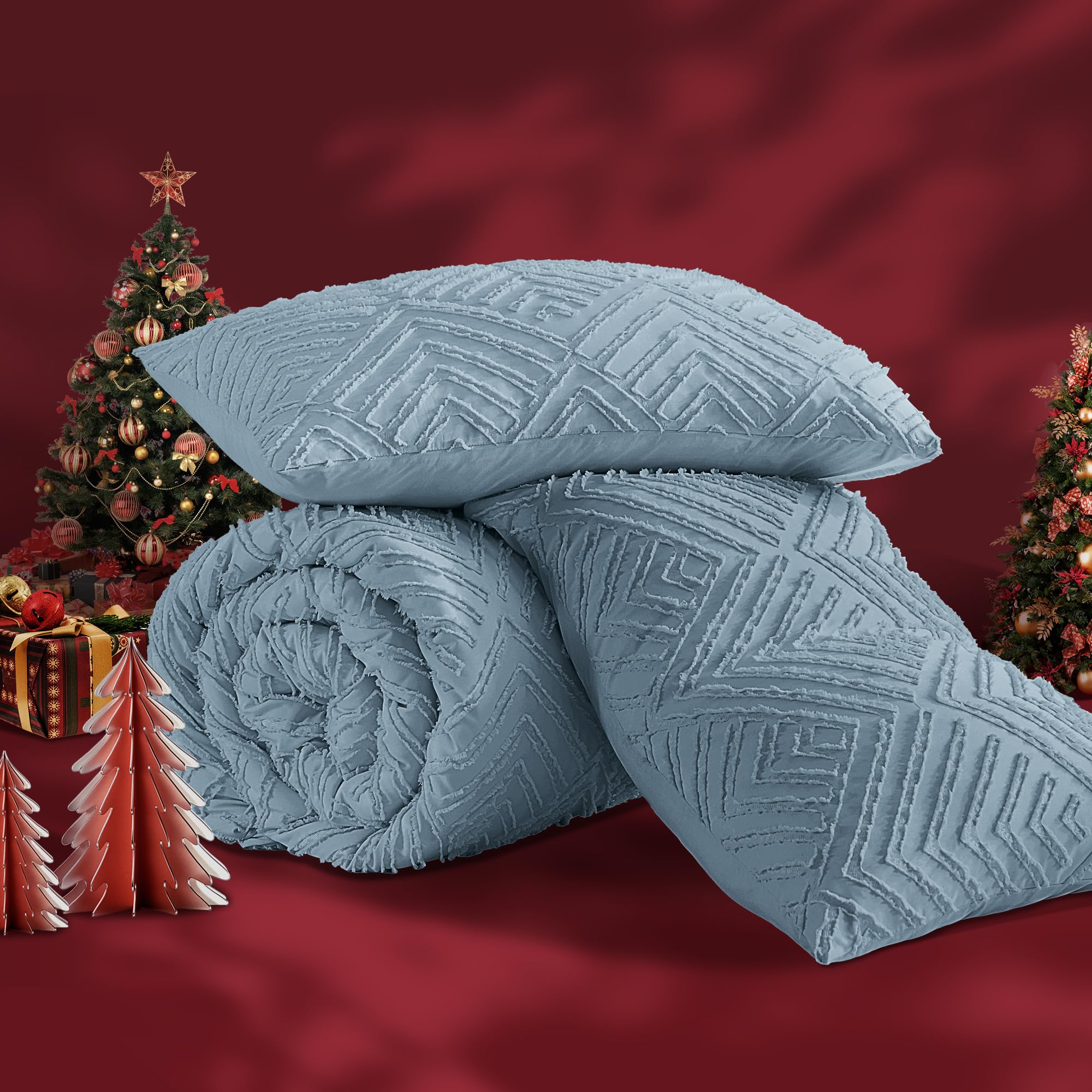 Andency Grayish Blue California King Comforter Set, 3 Pieces Grayish Blue Boho Bedding Set & Collections, Farmhouse Tufted Fluffy Bed Set For California King Bed (1 Comforter 104X96In, 2 Pillowcases)