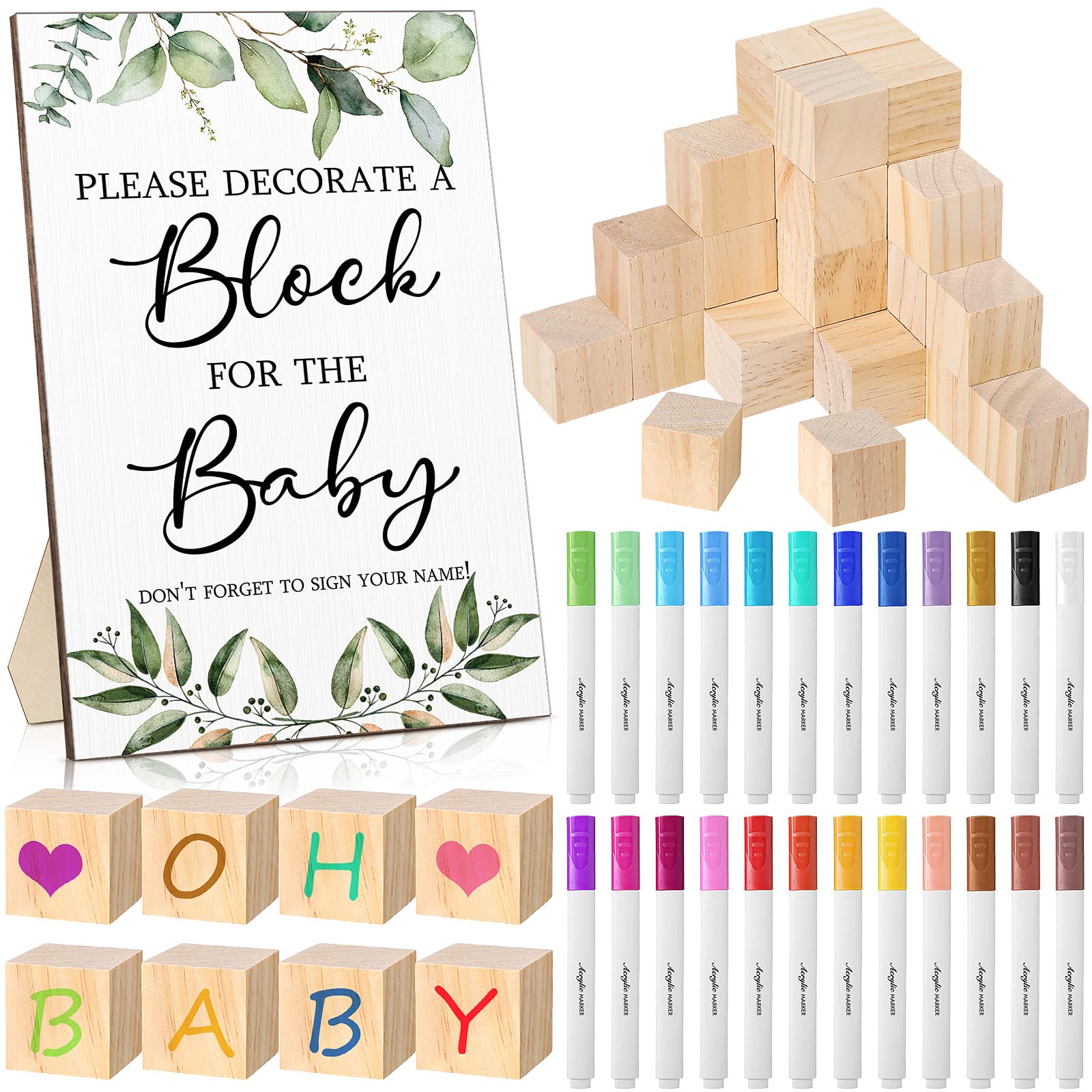 Tatuo 75 Pcs Baby Shower Decorate a Block Games Kit Including Decorate a Block Game Sign 50 DIY Wooden Block 24 Acrylic Paint Ma