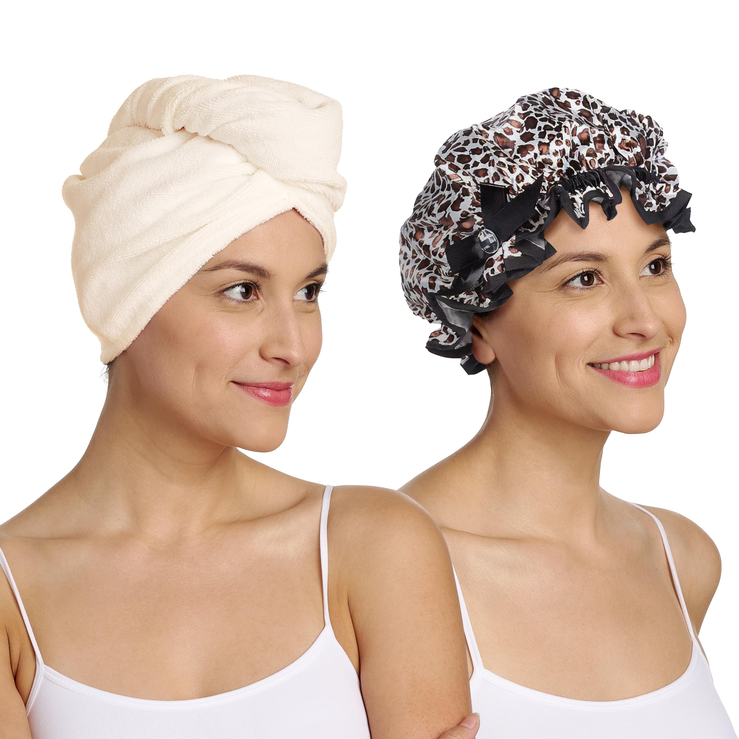 Turbie Twist Deluxe Wet Dry Set - Microfiber Hair Towel Wrap & Stylin' Shower Cap - Travel & Bathroom Essentials - Quick Dry Hai