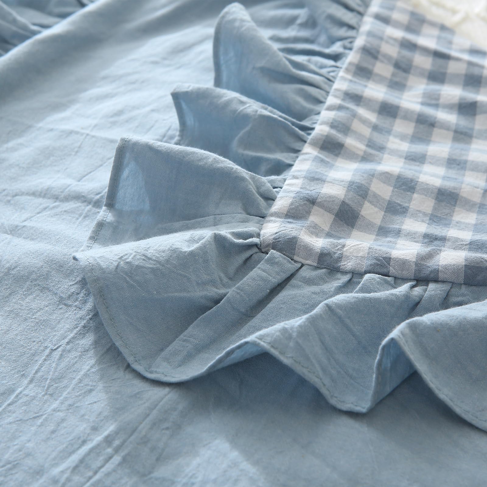 Mywinlle Blue Plaid Ruffle Pillowcases Farmhouse Pillow Shams Standard,Shabby Checkered Pillow Cover Washed Cotton Pillow Covers