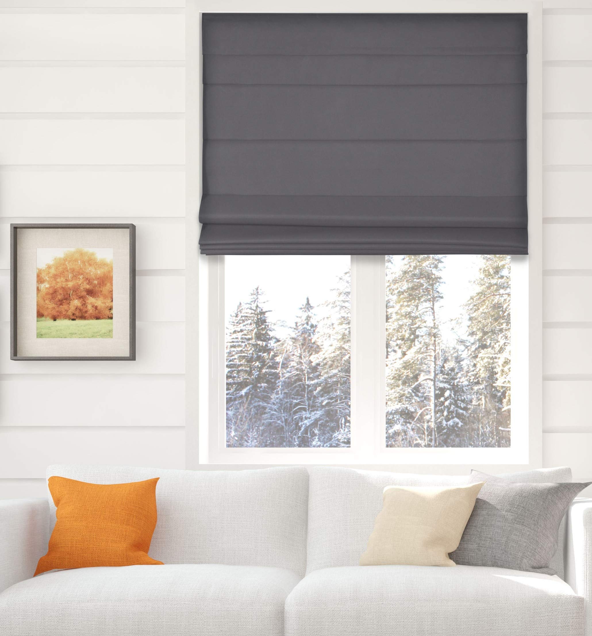 Arlo Blinds Thermal Room Darkening Fabric Roman Shades, Color: Graphite, Size: 22 W X 60 H, Cordless Lift Window Blinds