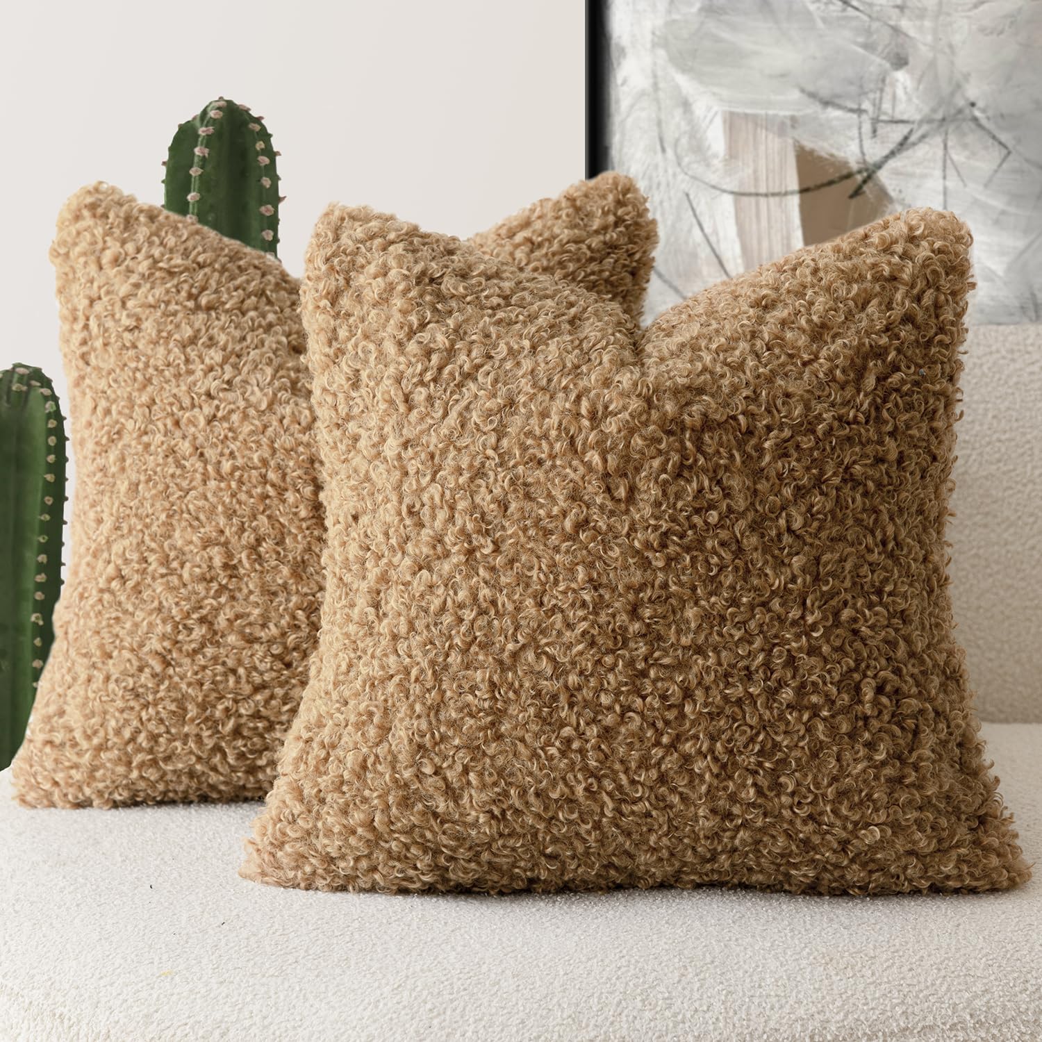 Foindtower 2 Pieces 18X18 Inch Bronze, Faux Fur Throw Pillow Cover Accent Sherpa Pillow Fuzzy Soft Pillowcases Sheepskin Decorat
