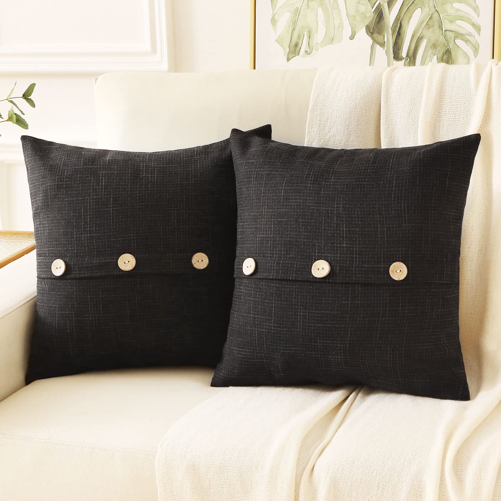 Haussy Black Linen Decorative Throw Pillow Covers 16X16 Inch Set Of 2,Square Cushion Case With 3 Vintage Buttons,Modern Farmhous