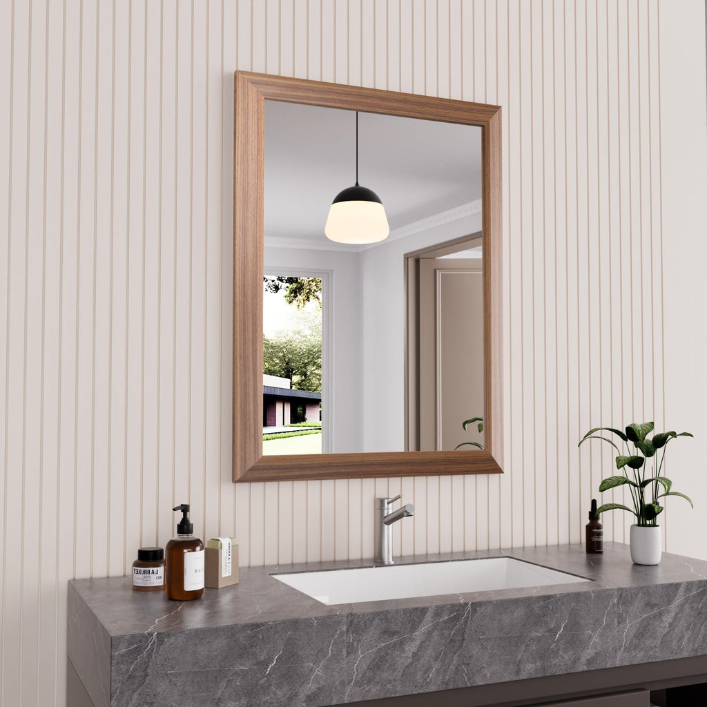 Amorho Bathroom Mirror, 24x32 Inch Wall Mirror, Walnut Wood Grain Metal Framed, Anti-Rust, Hang Horizontally/Vertically, Suitabl