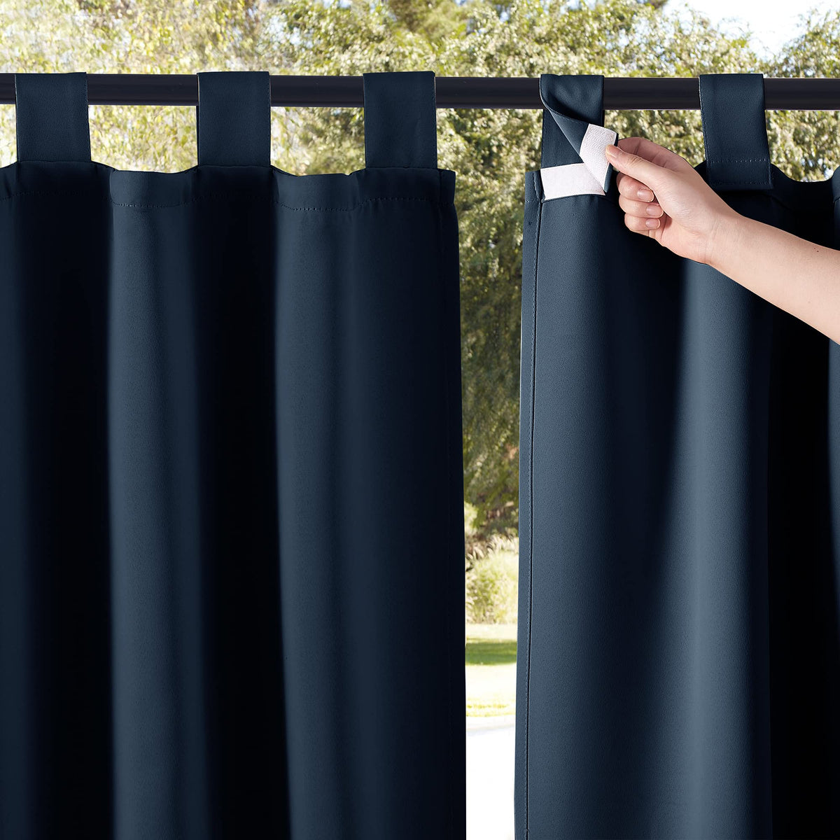 Nicetown 2 Panels Navy Blue Outdoor Curtainss For Patio Waterproof, Self-Stick Detachable Tab Top Blackout Thermal Insulated Pub