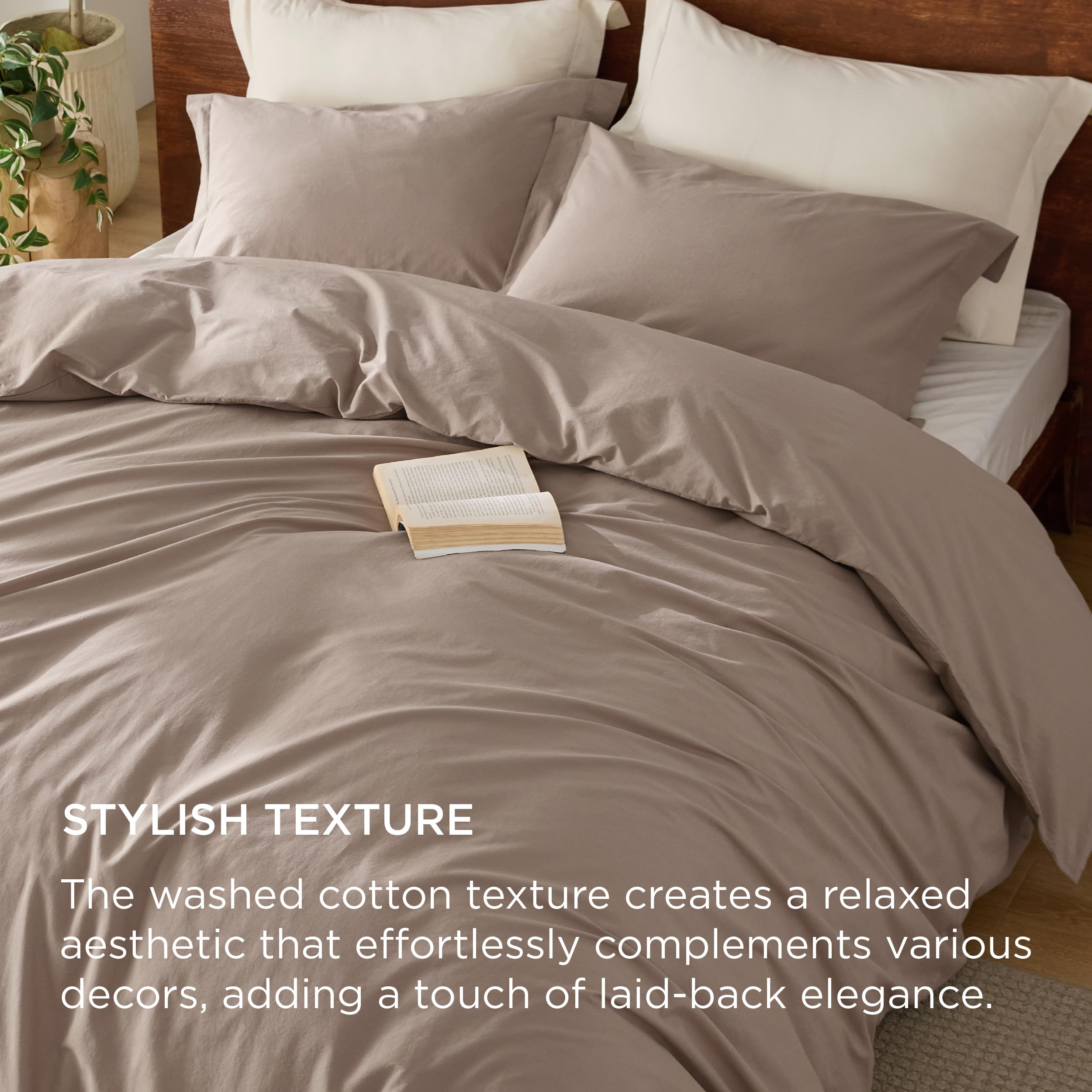 Bedsure 100% Washed Cotton Duvet Cover Queen - Taupe Minimalist Cotton Duvet Cover Set Linen Like - 3 Pieces Gentlesoft™ Plain Simple Bedding Set With 2 Pillow Shams (Taupe, Queen, 90'X90')