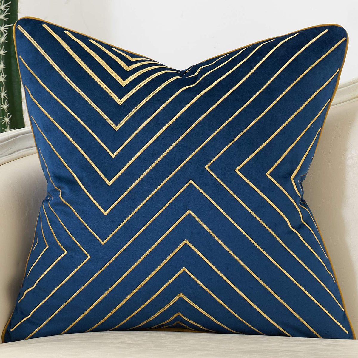 Avigers 20 X 20 Inch Navy Blue Gold Striped Geometric Lines Embroidery Velvet Cushion Case Luxury Modern Throw Pillow Cover Deco