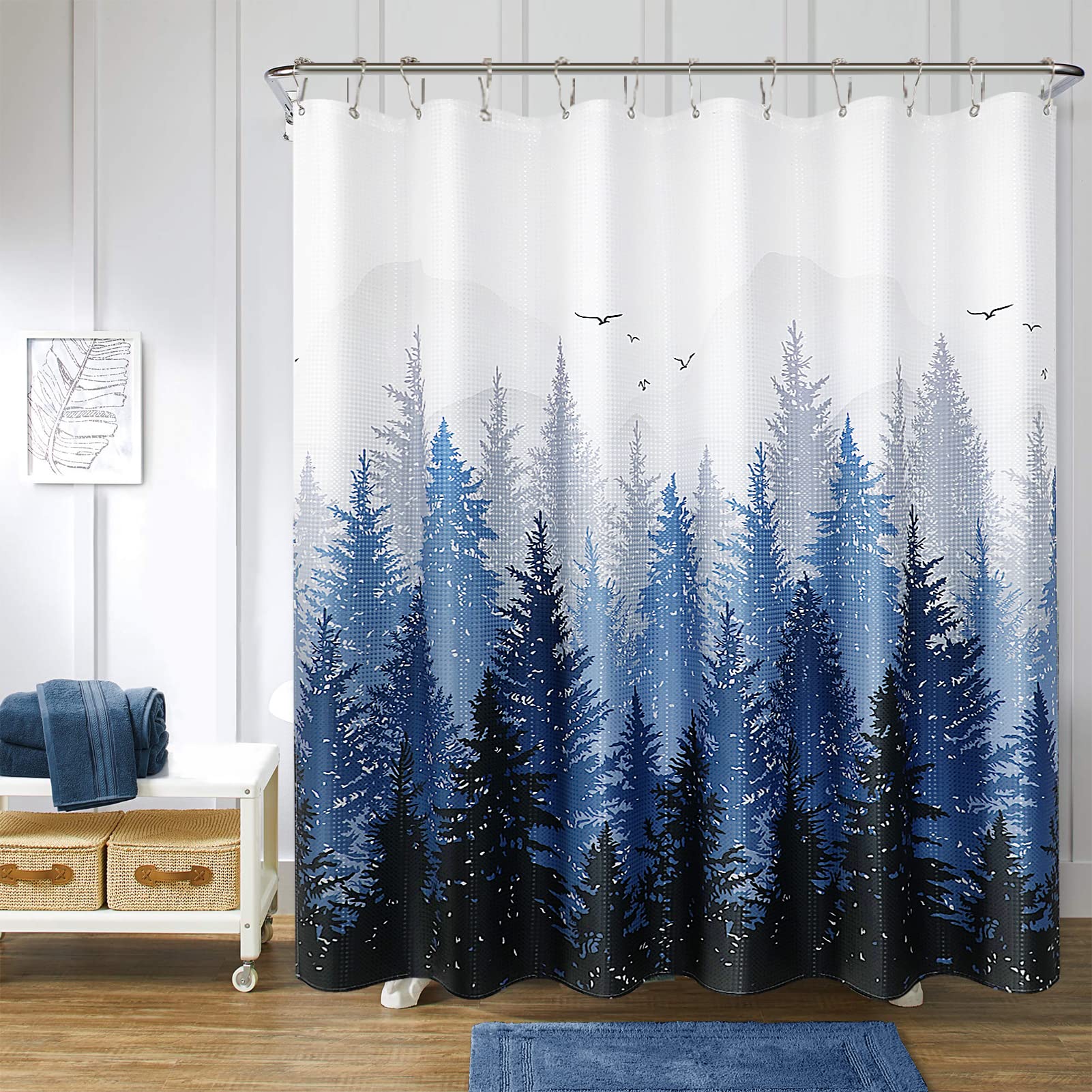 Hokibero Blue Misty Forest Mountain Nature Tree Fabric Shower Curtains For Bathroom Waterproof Heavy Duty Navy Blue And White Wo