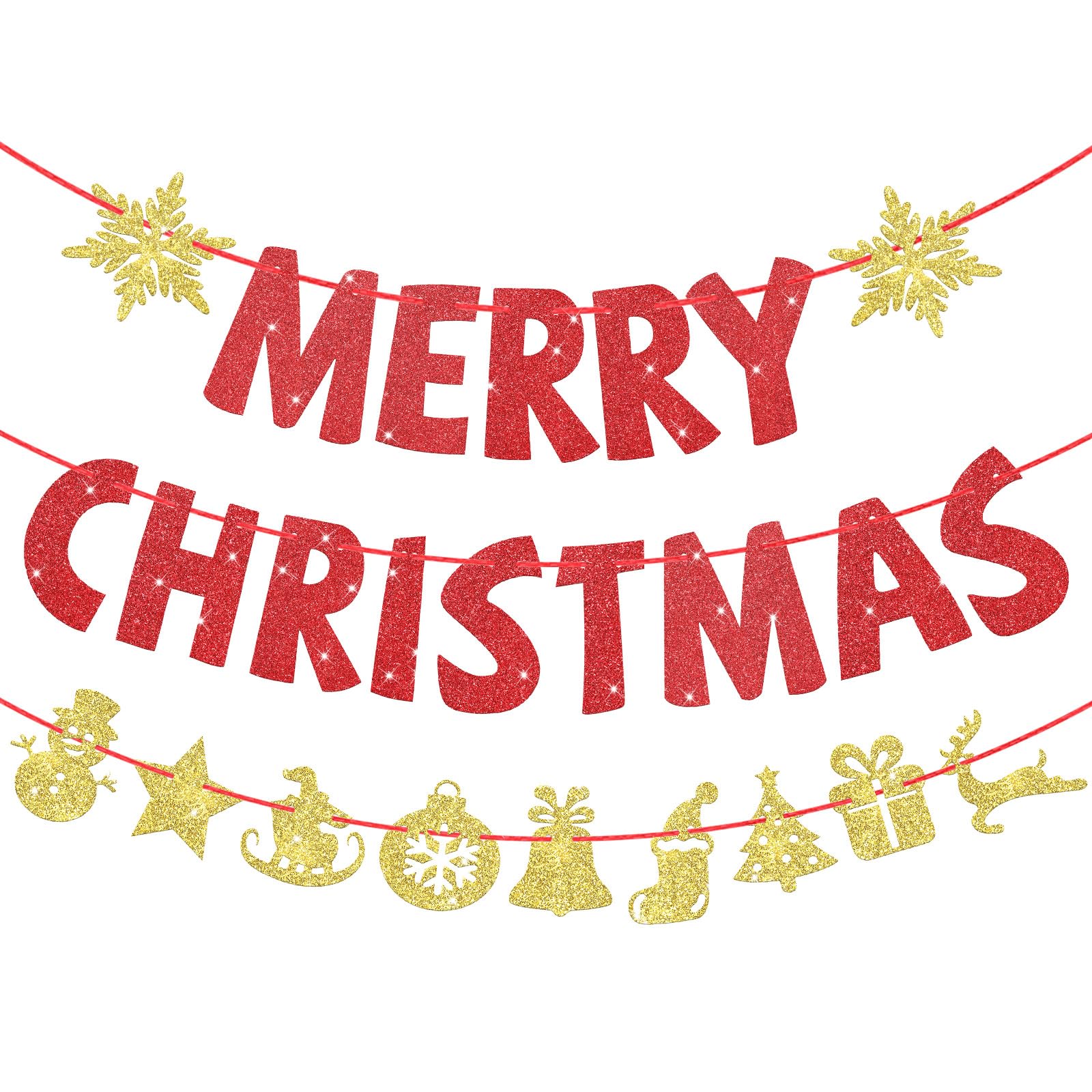 VitalCozy Set of 3 Pre-Strung Merry Christmas Banner Merry Christmas Garland Glitter Xmas Sign Inside Hanging Decor Outdoor Indo