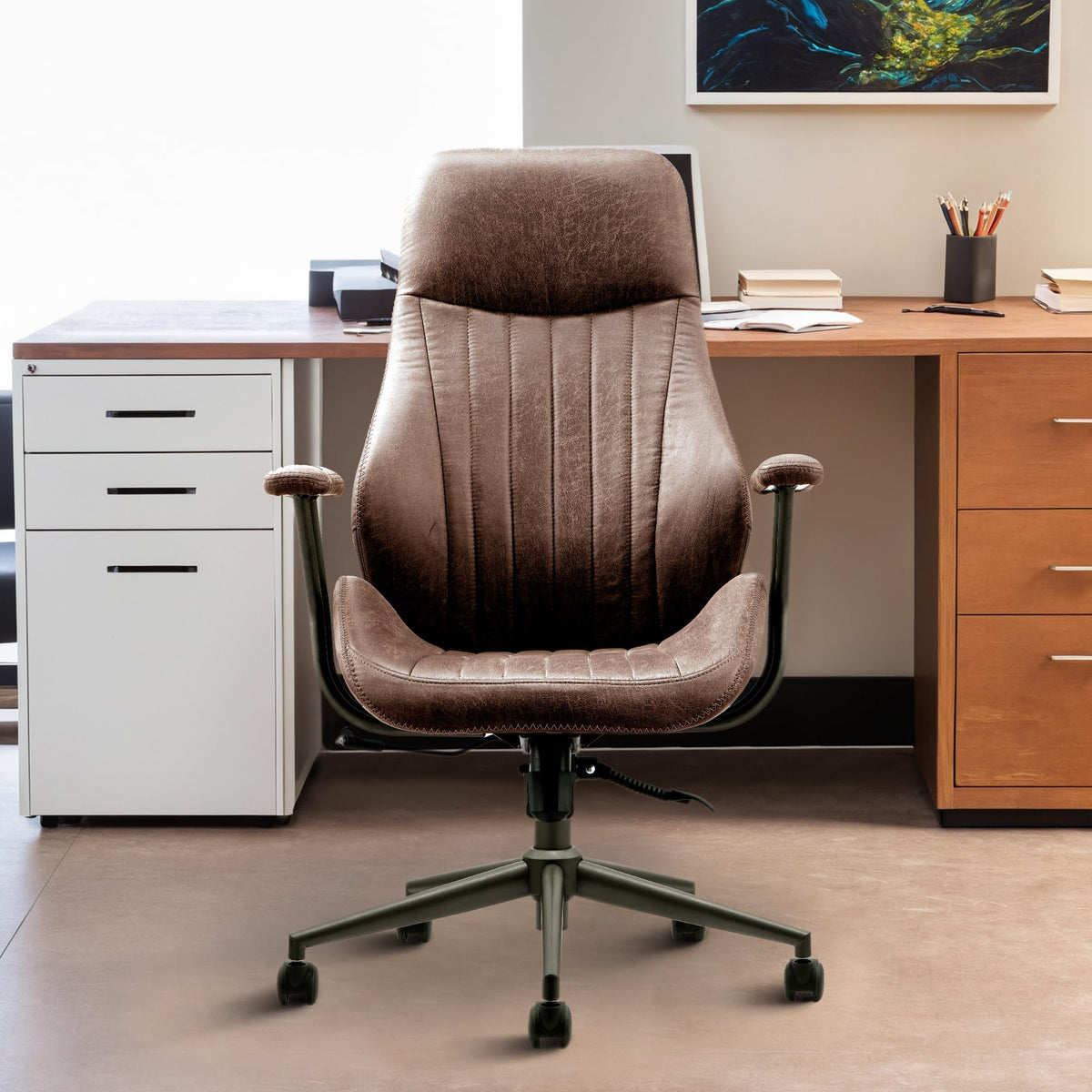 Mid Century Modren Office Chair - Fuax Leather Suede Brown Executive Chairs Ergonomic Mid Back With Lumbar Support, Swivel Compu
