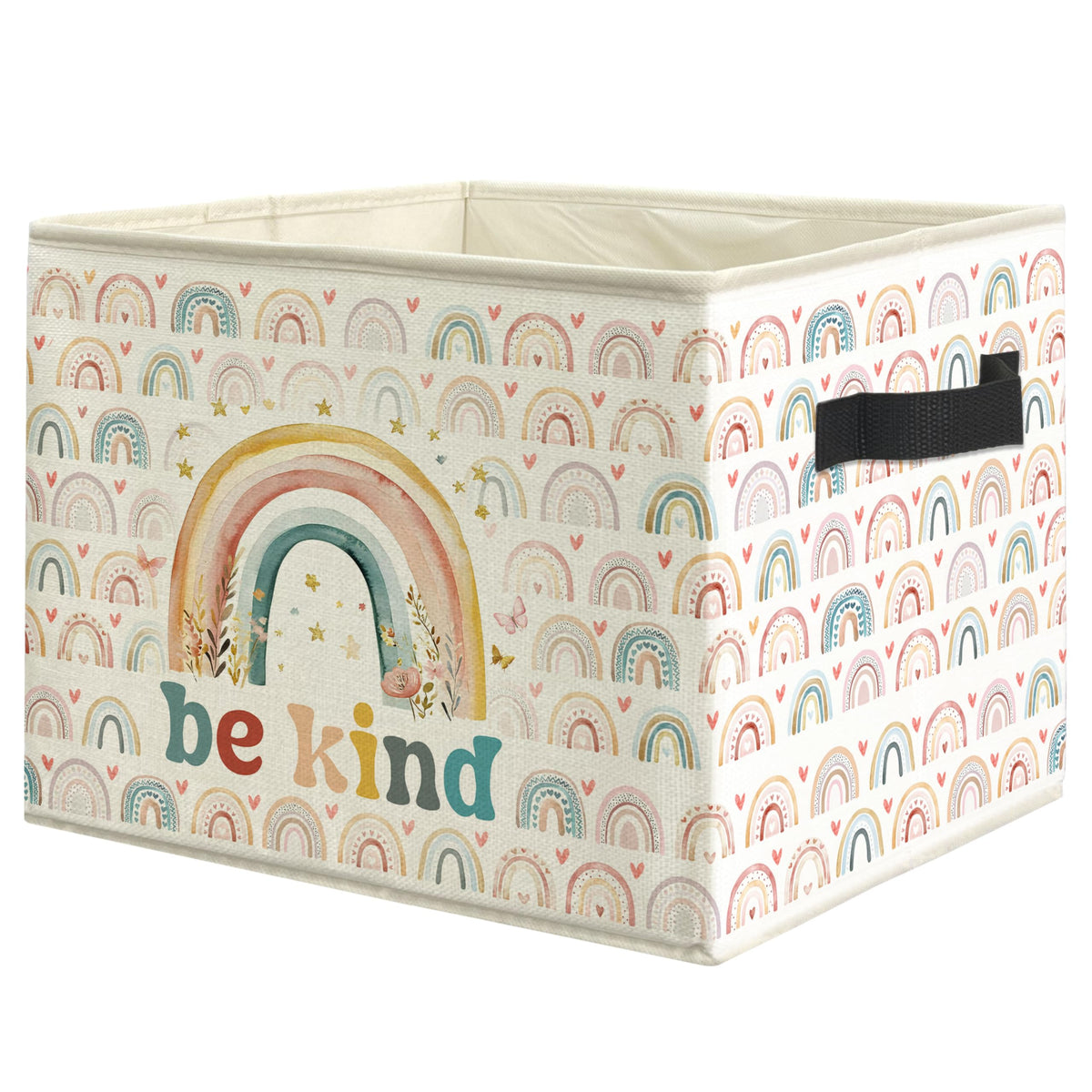 WARDOS Boho Rainbow Kids Storage Bin Box with Handles, Be Kind Inspirational Foldable Linen Fabric Laundry Basket for Kids Room 