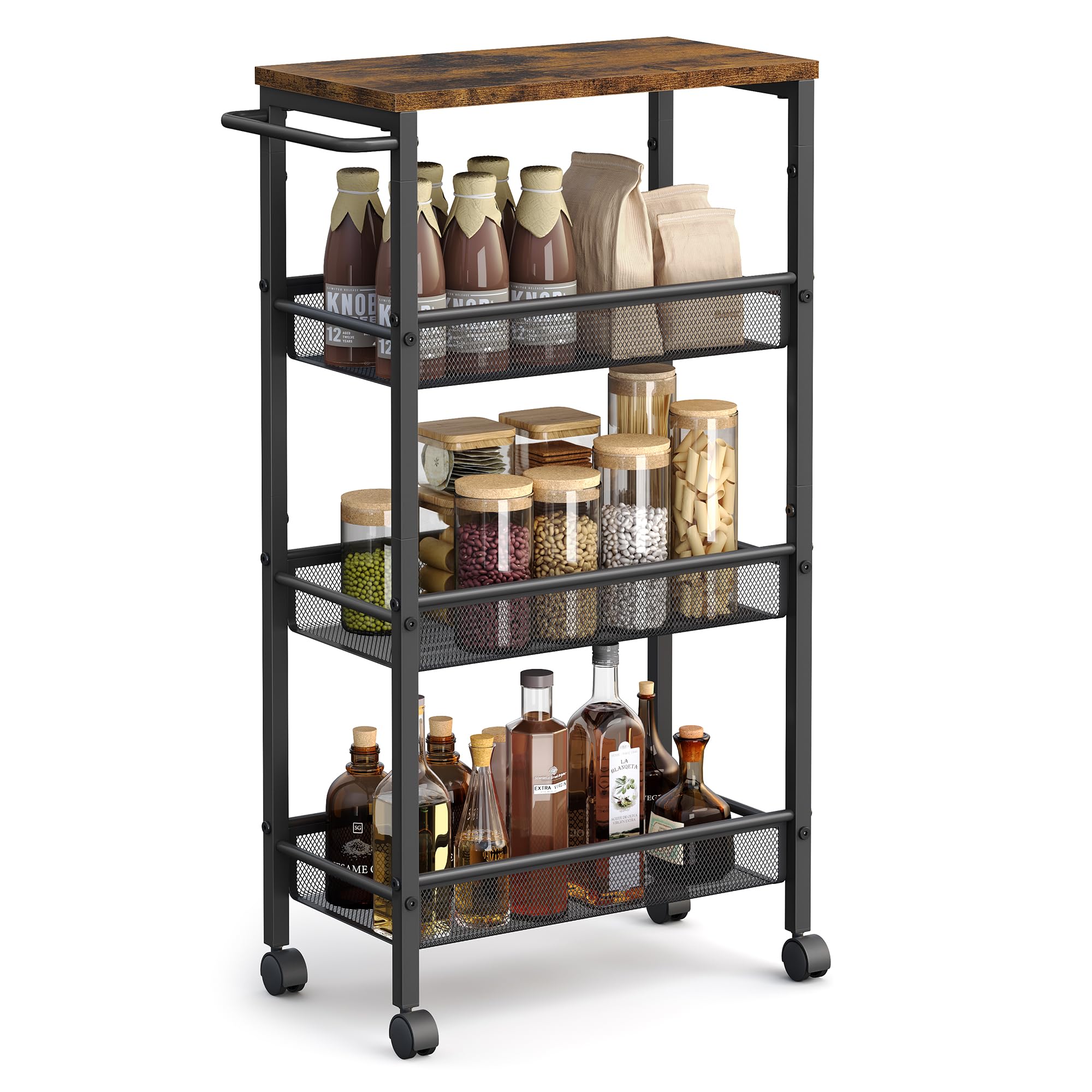 Vasagle Slim Rolling Cart, 4-Tier Storage Cart, Narrow Cart With Handle, 8.7 Inches Deep, Metal Frame, For Kitchen, Dining Room, Living Room, Home Office, Rustic Brown And Classic Black Ulrc033B01