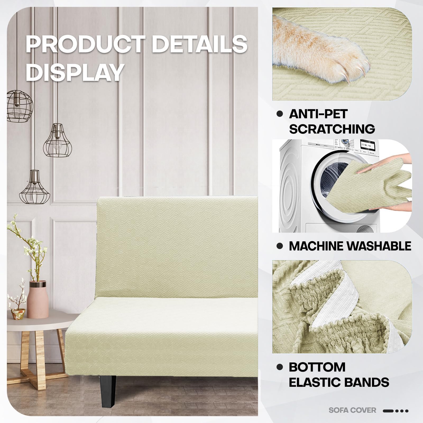 Znsayotx Armless Futon Covers Full Size (67'-82') Stretch Jacquard Sofa Bed Slipcovers, Striped Queen Futon Cover With Non-Slip Elastic Bottom, Soft Cozy Futon Mattress Cover Washable (Light Beige)