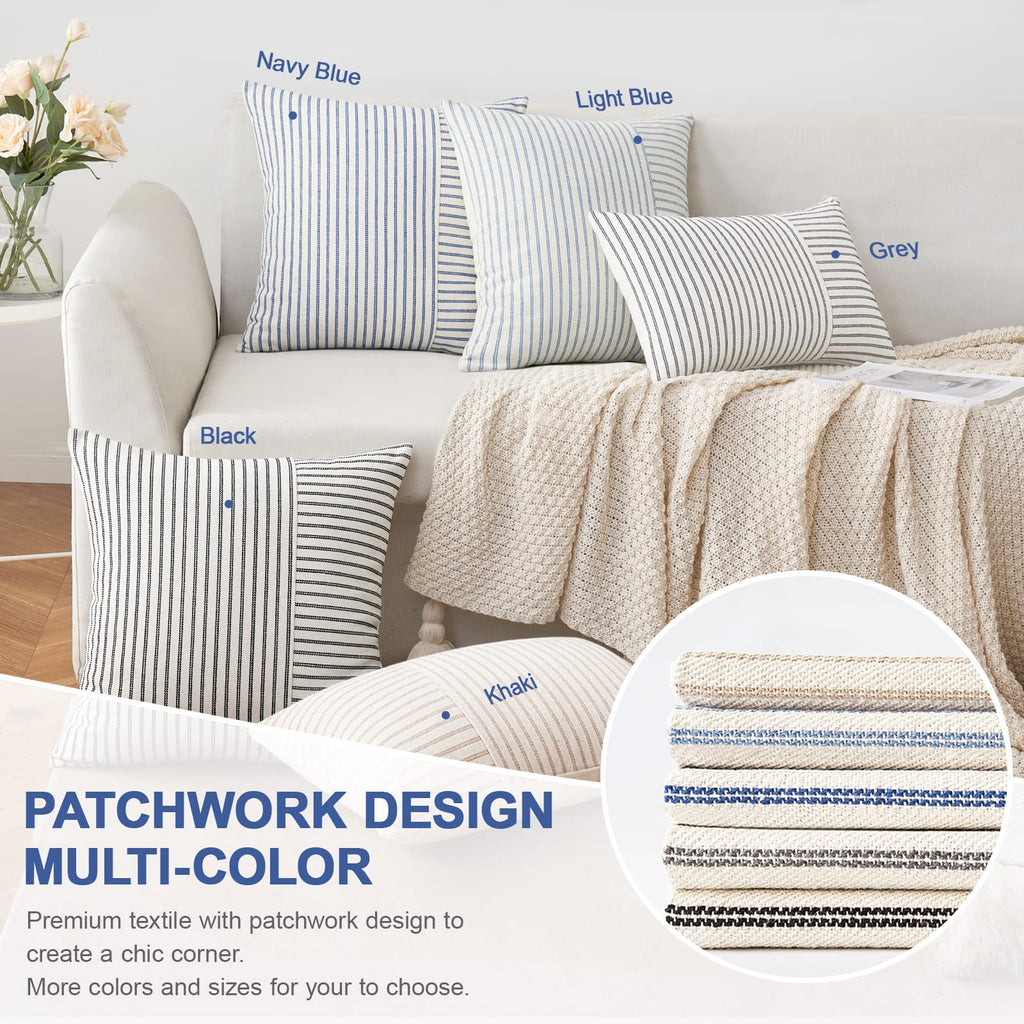 Miulee Light Blue And Beige Patchwork Farmhouse Pillow Covers 18X18 Inch, Pack Of 2 Striped Linen Spring Decorative Modern Accent Pillow Cases For Sofa Couch Bedroom