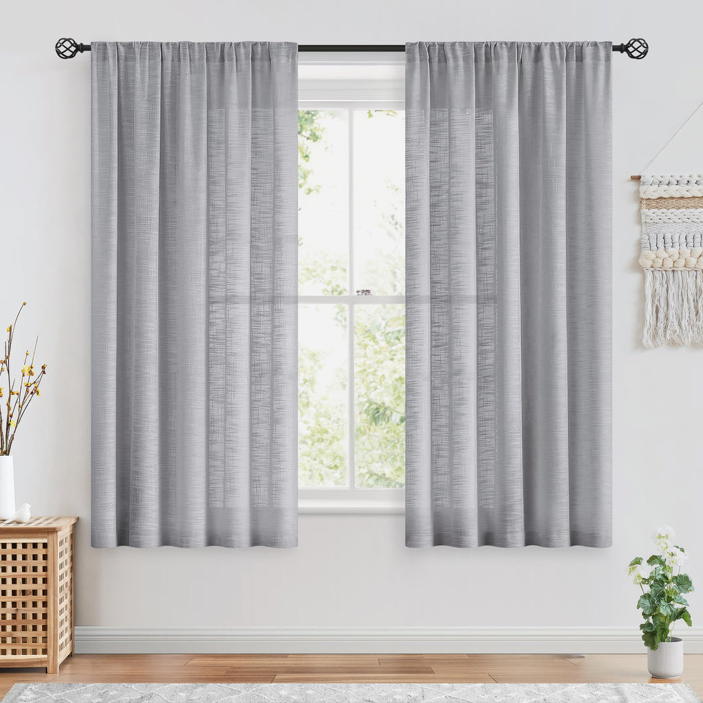 Fmfunctex Linen Semi Sheer Curtains 54 Inch Length For Bedroom Living Room, Grey Curtain Panels Sheer Linen Textured Window Drap
