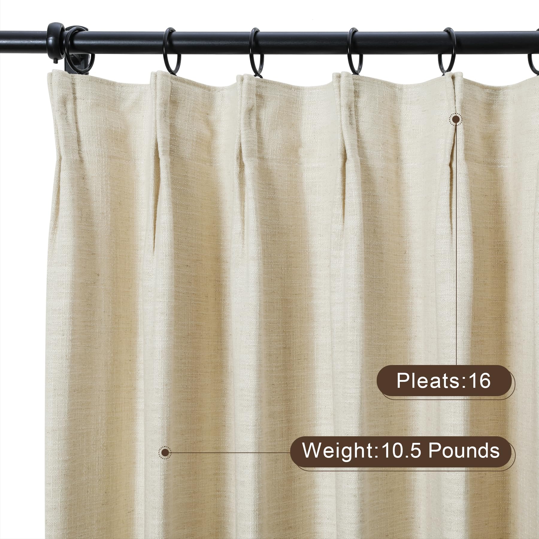 Twopages Double Layer Lined Curtain Sand Beige Linen Blend Light Filtering Pinch Pleat Curtain For Kitchen, Room Darkening Windo