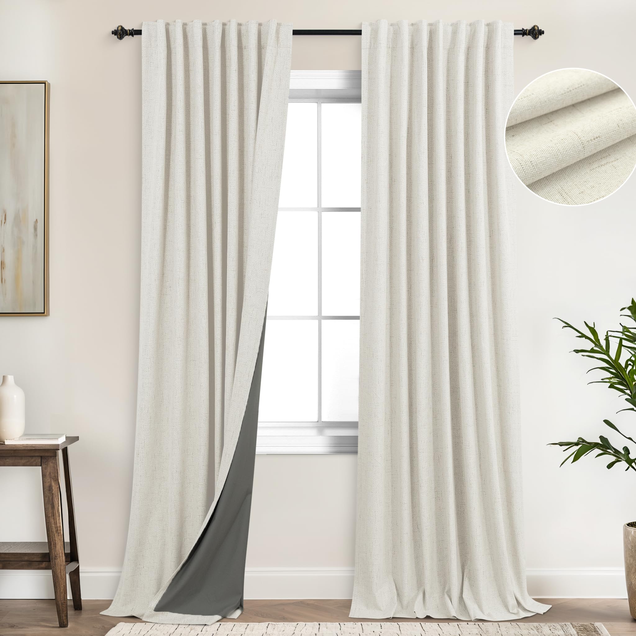 Koufall Black Out Curtains 96 Inch Long,Cream Linen Textured Blackout Drapes For Living Room 96 Inch Length 2 Panel Set