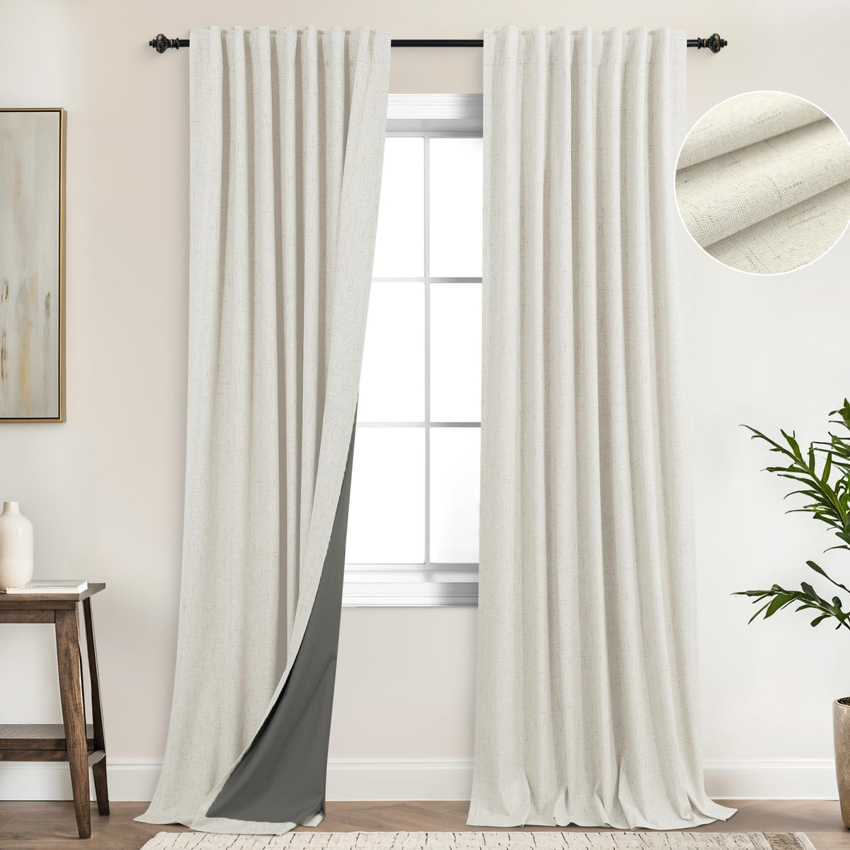 Koufall 108 Inch Curtains,Blackout Linen Textured 9 Ft Black Out Room Darkening Living Room Drapes 108 Inches Long 2 Panels